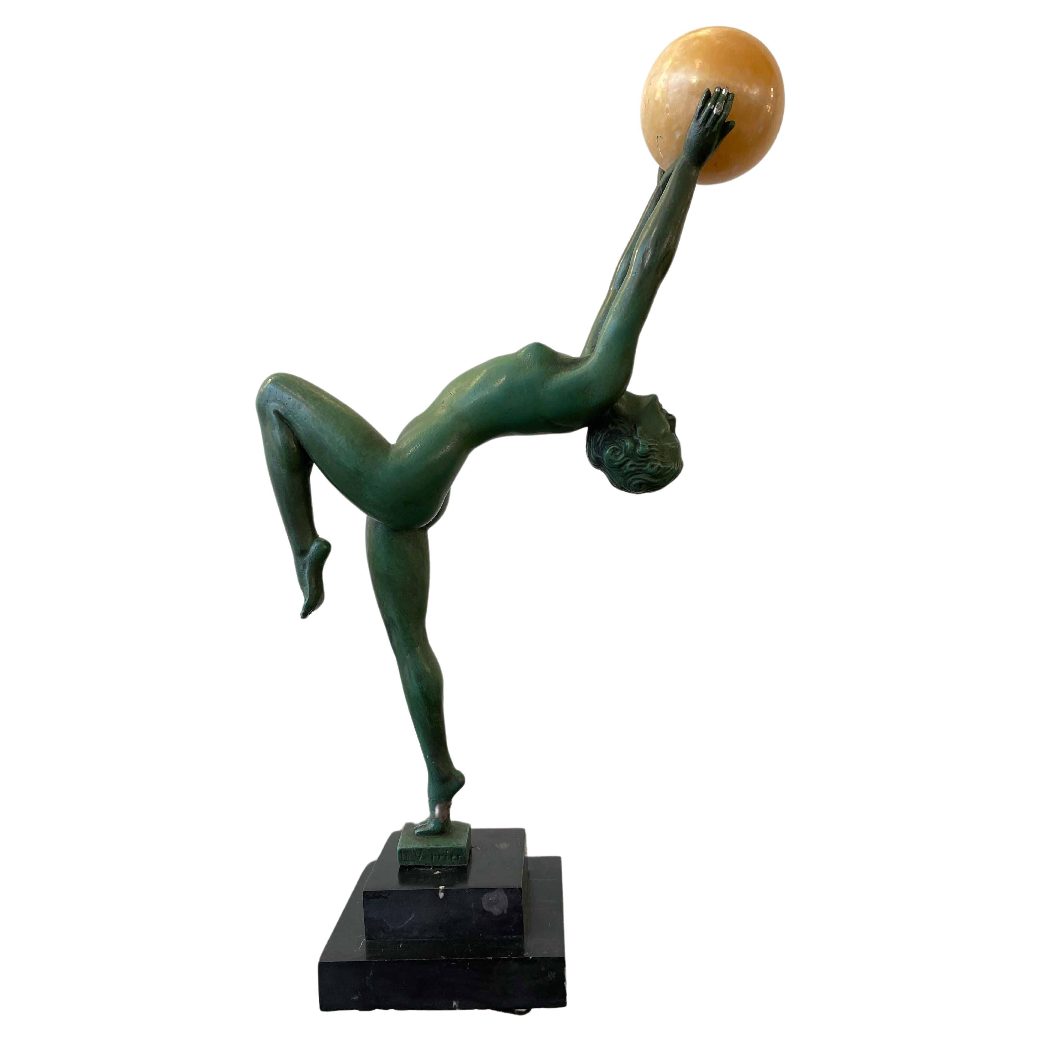 Art Deco Sculpture of Juggler in Patinated Bronze Signed Le Verrier For Sale