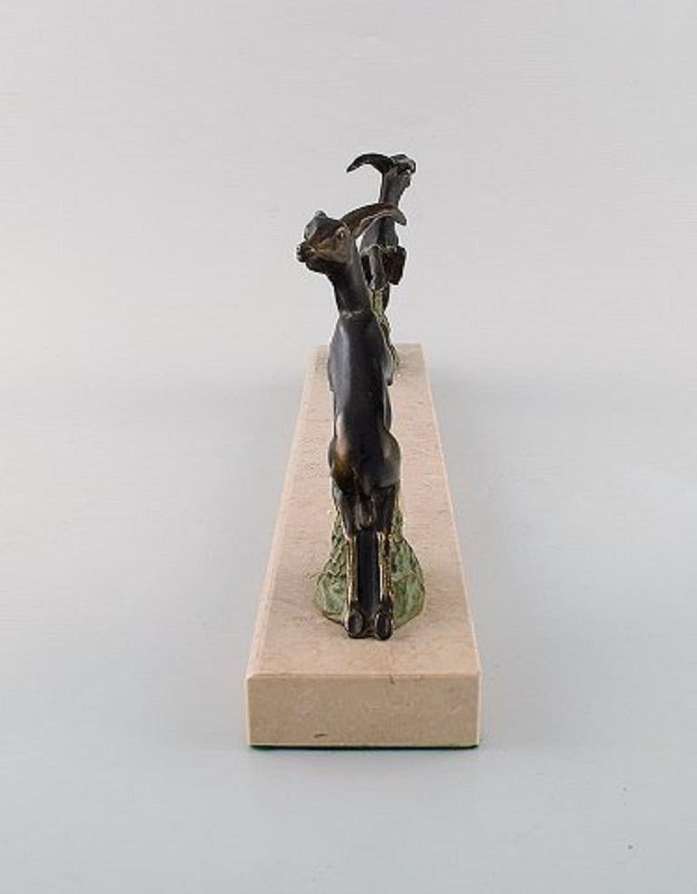 Art Deco Sculpture of Jumping Bucks in Patinated Metal on Marble Base, 1930s For Sale 1