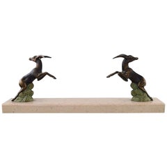 Vintage Art Deco Sculpture of Jumping Bucks in Patinated Metal on Marble Base, 1930s