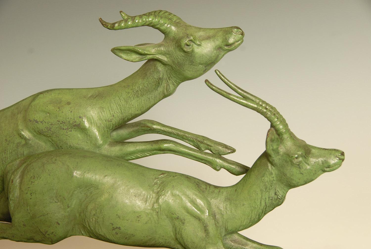 Art Deco Sculpture of Leaping Antelope Signed by Plagnet In Good Condition For Sale In Brighton, GB