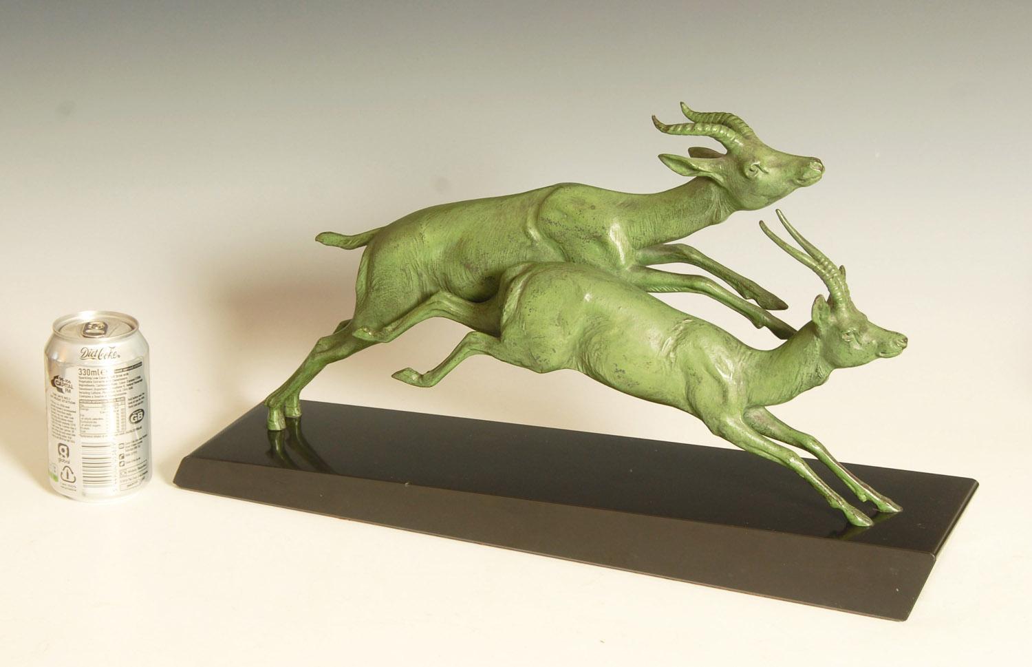 Early 20th Century Art Deco Sculpture of Leaping Antelope Signed by Plagnet For Sale