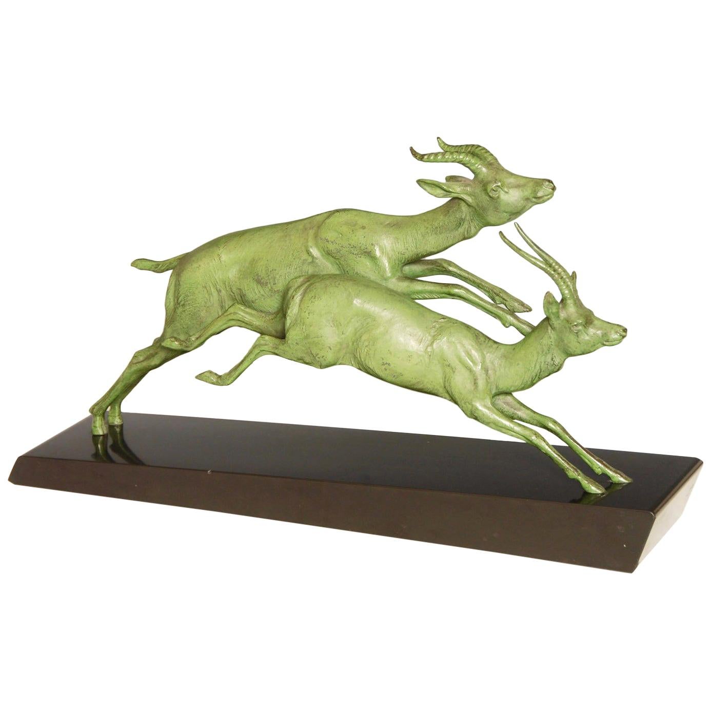 Art Deco Sculpture of Leaping Antelope Signed by Plagnet For Sale