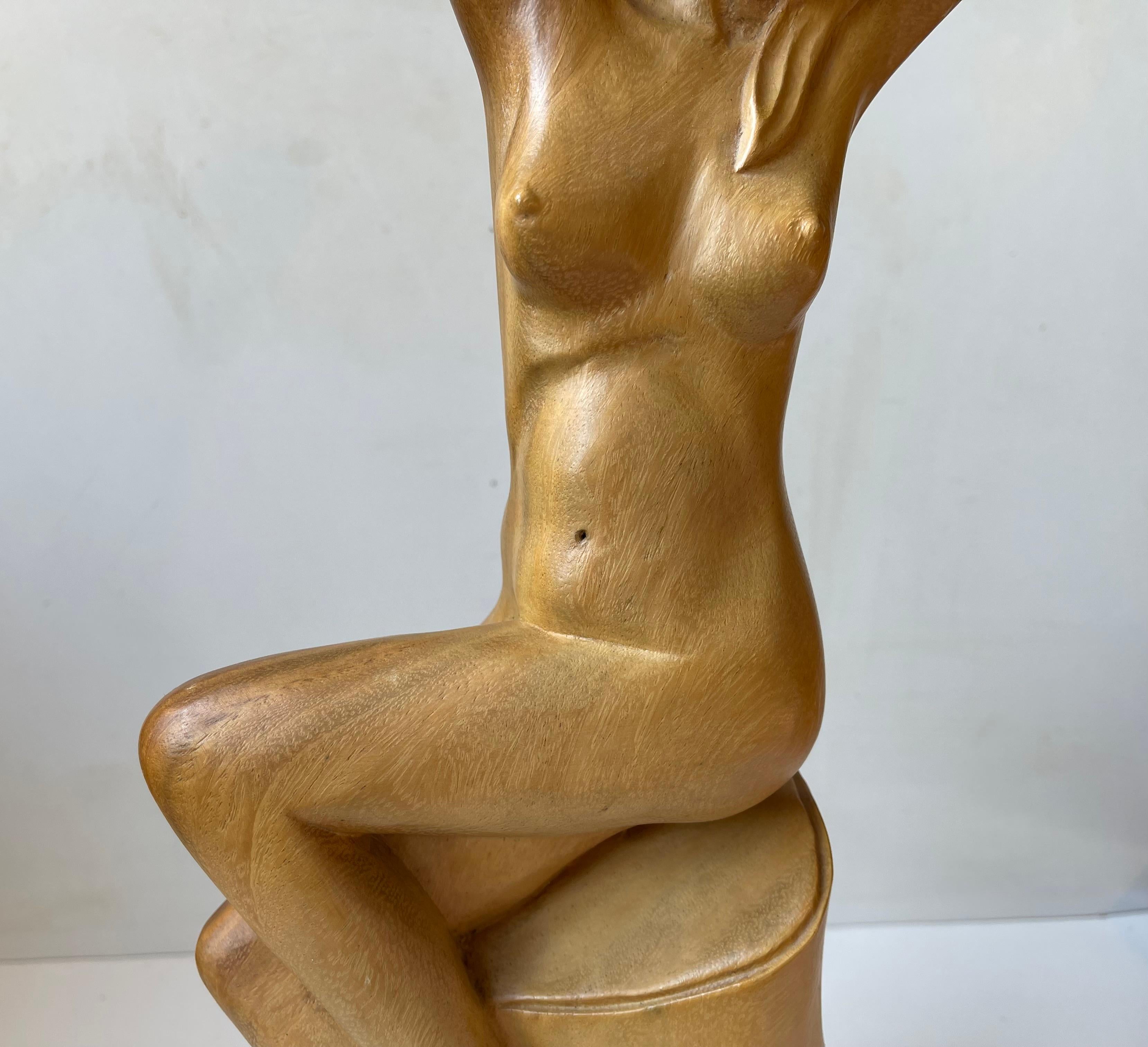 Scandinavian Art Deco Sculpture of Nude Female in Hand-Carved Wood, 1940s Scandinavia For Sale