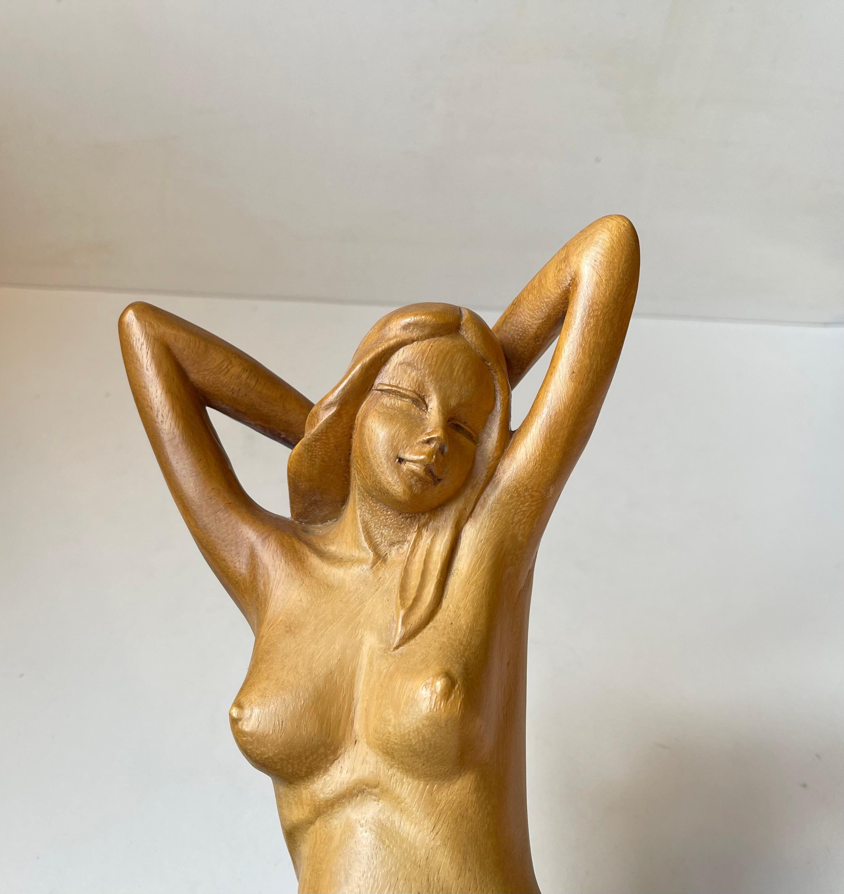 Hand-Crafted Art Deco Sculpture of Nude Female in Hand-Carved Wood, 1940s Scandinavia For Sale