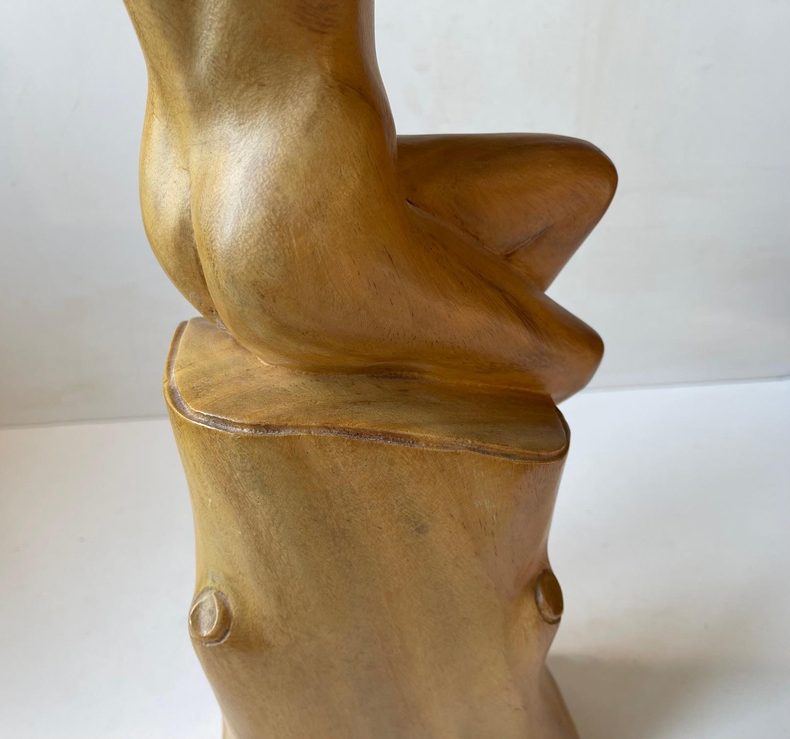 Mid-20th Century Art Deco Sculpture of Nude Female in Hand-Carved Wood, 1940s Scandinavia For Sale