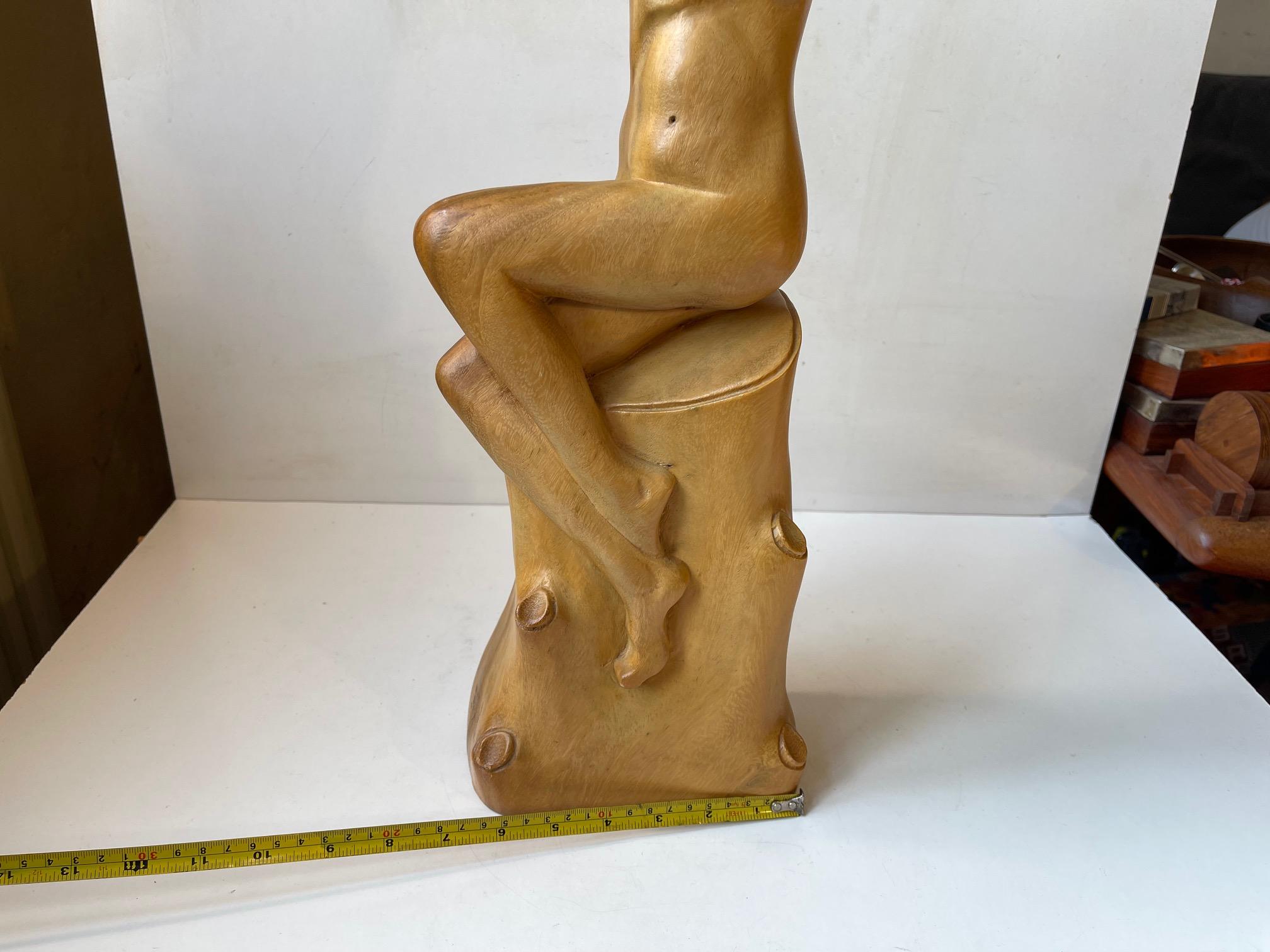 Art Deco Sculpture of Nude Female in Hand-Carved Wood, 1940s Scandinavia For Sale 1