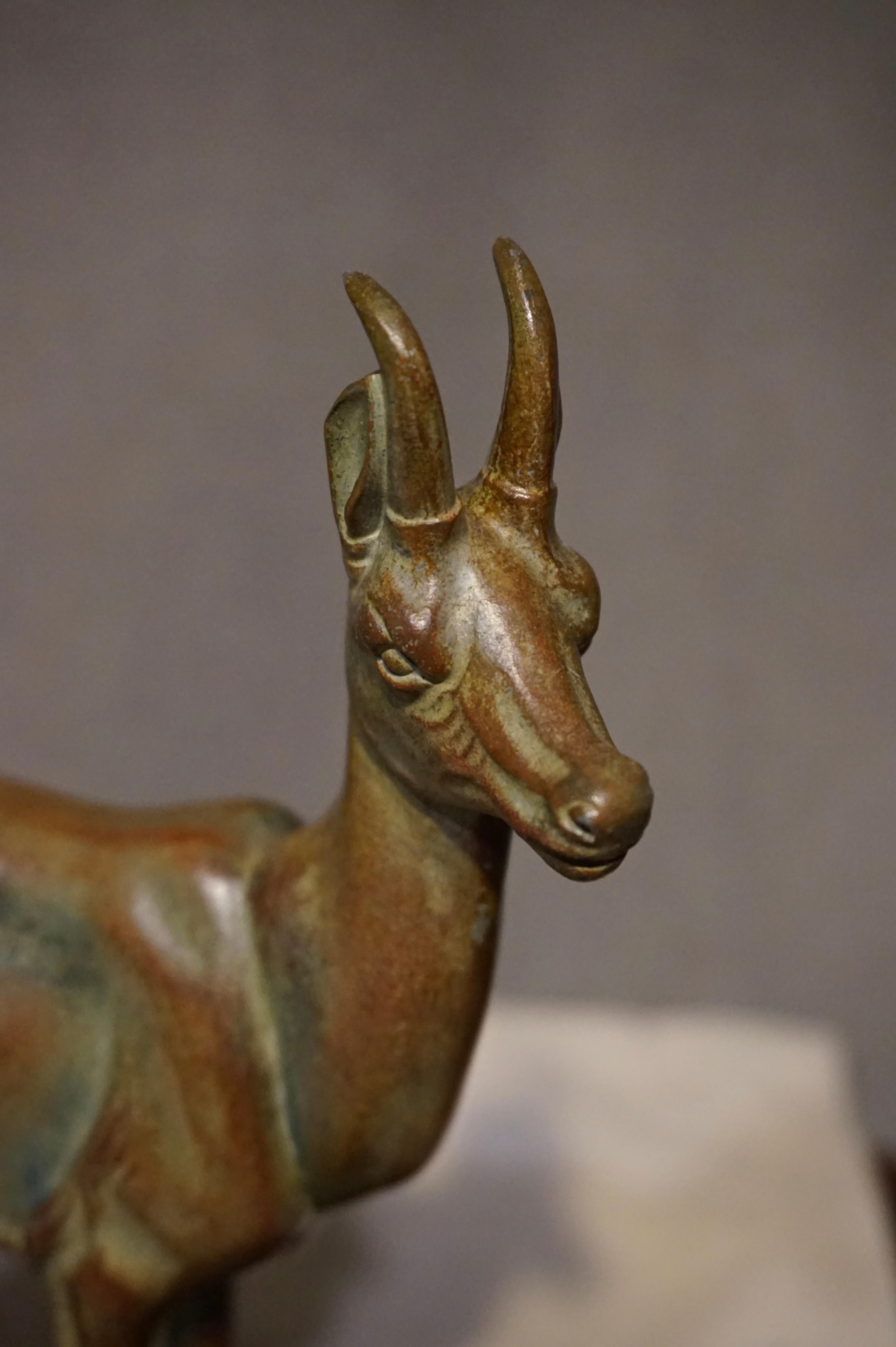 Art Deco Sculpture of Pronghorn Antelope Bronzed Deer Marble Base 7