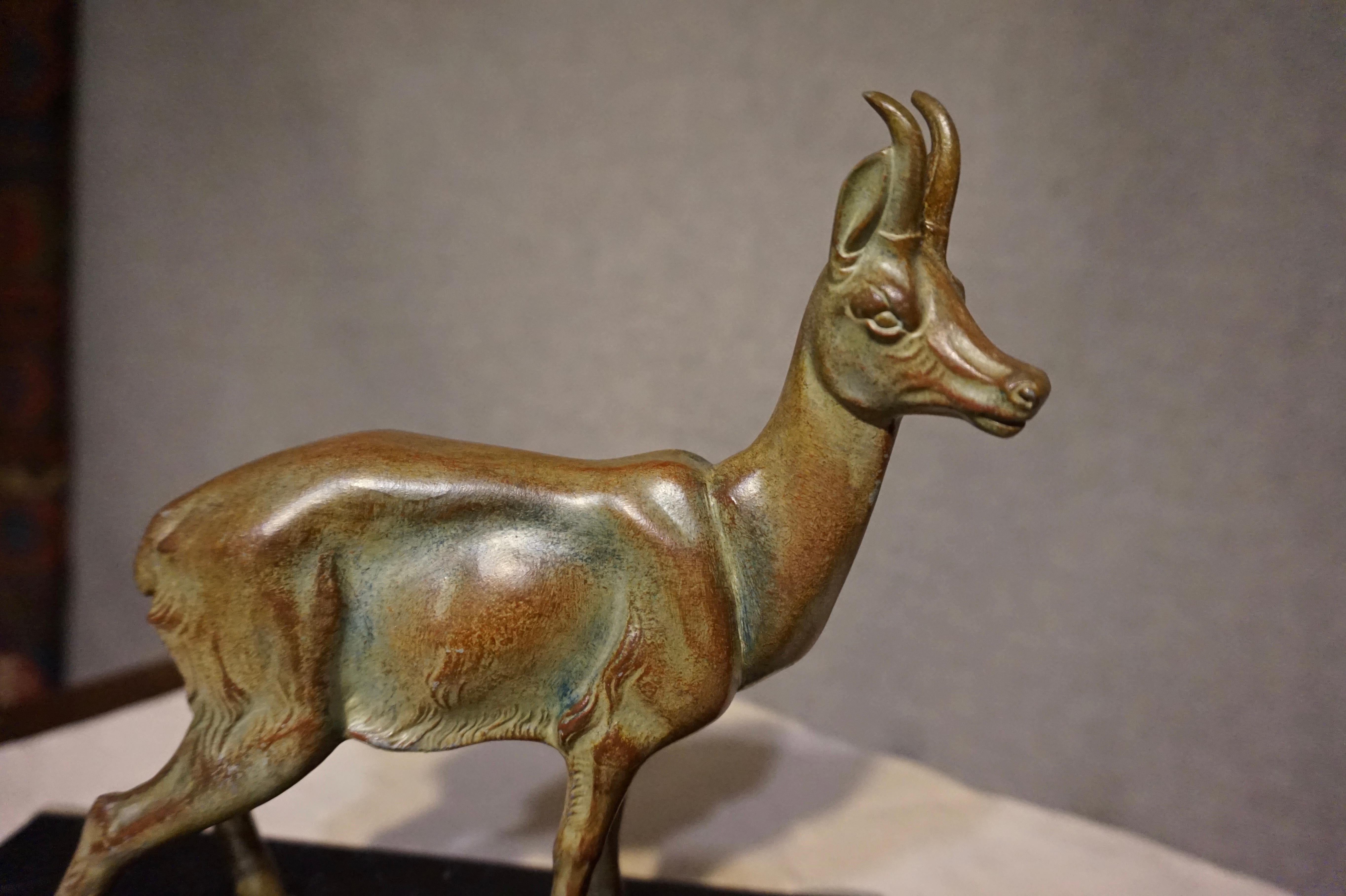 American Art Deco Sculpture of Pronghorn Antelope Bronzed Deer Marble Base