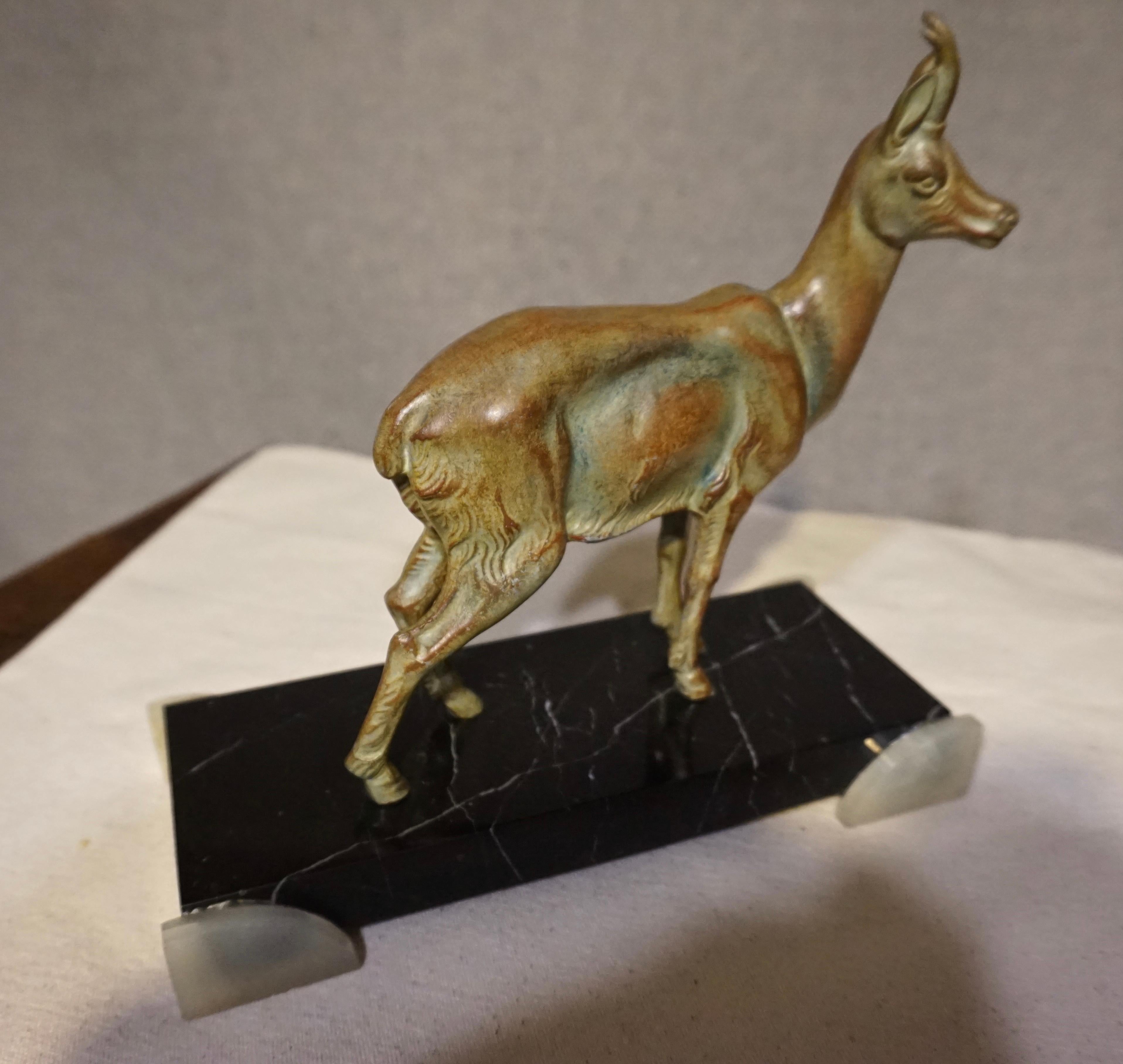 Hand-Crafted Art Deco Sculpture of Pronghorn Antelope Bronzed Deer Marble Base