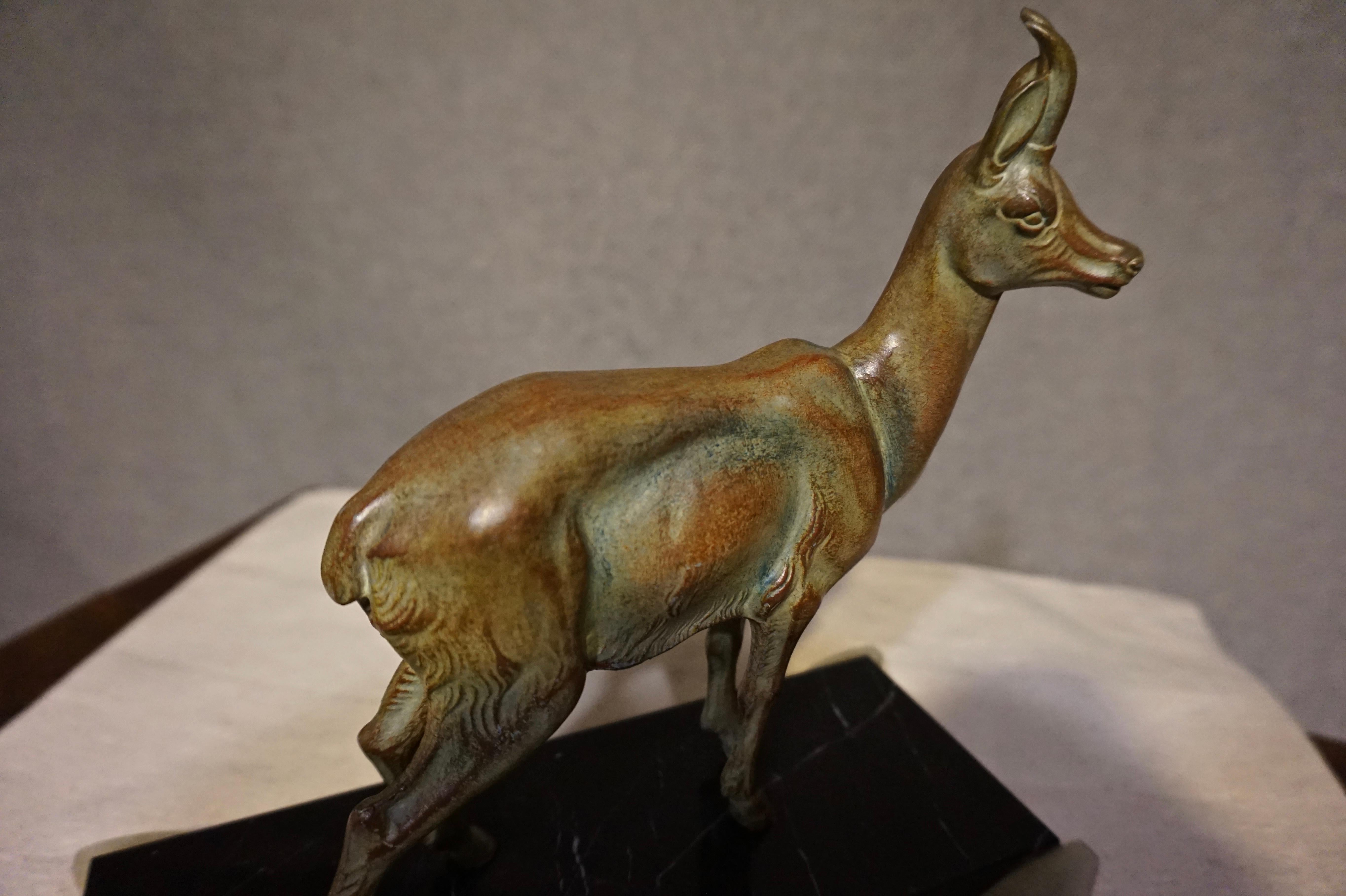 Art Deco Sculpture of Pronghorn Antelope Bronzed Deer Marble Base In Good Condition In Vancouver, British Columbia