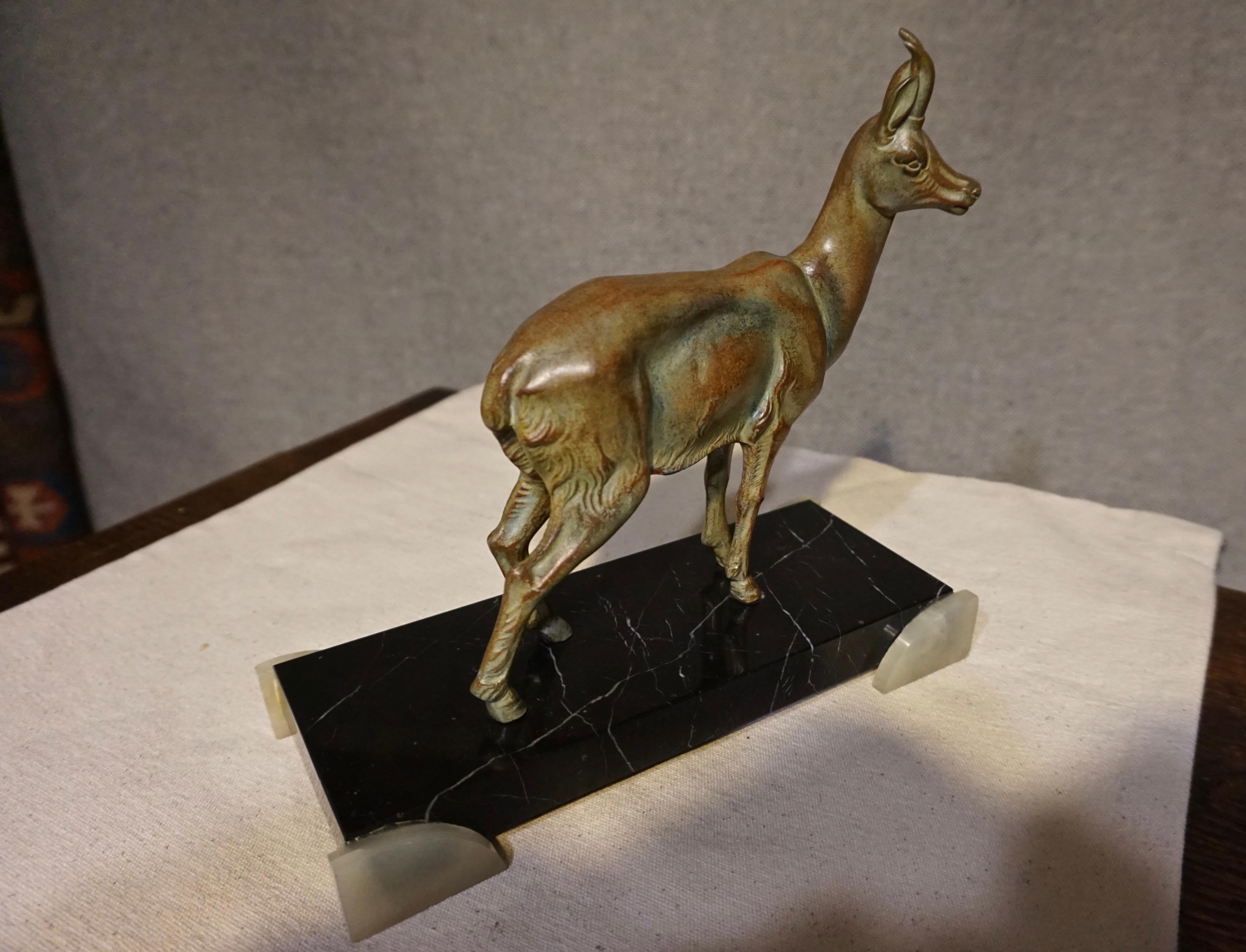 Mid-20th Century Art Deco Sculpture of Pronghorn Antelope Bronzed Deer Marble Base