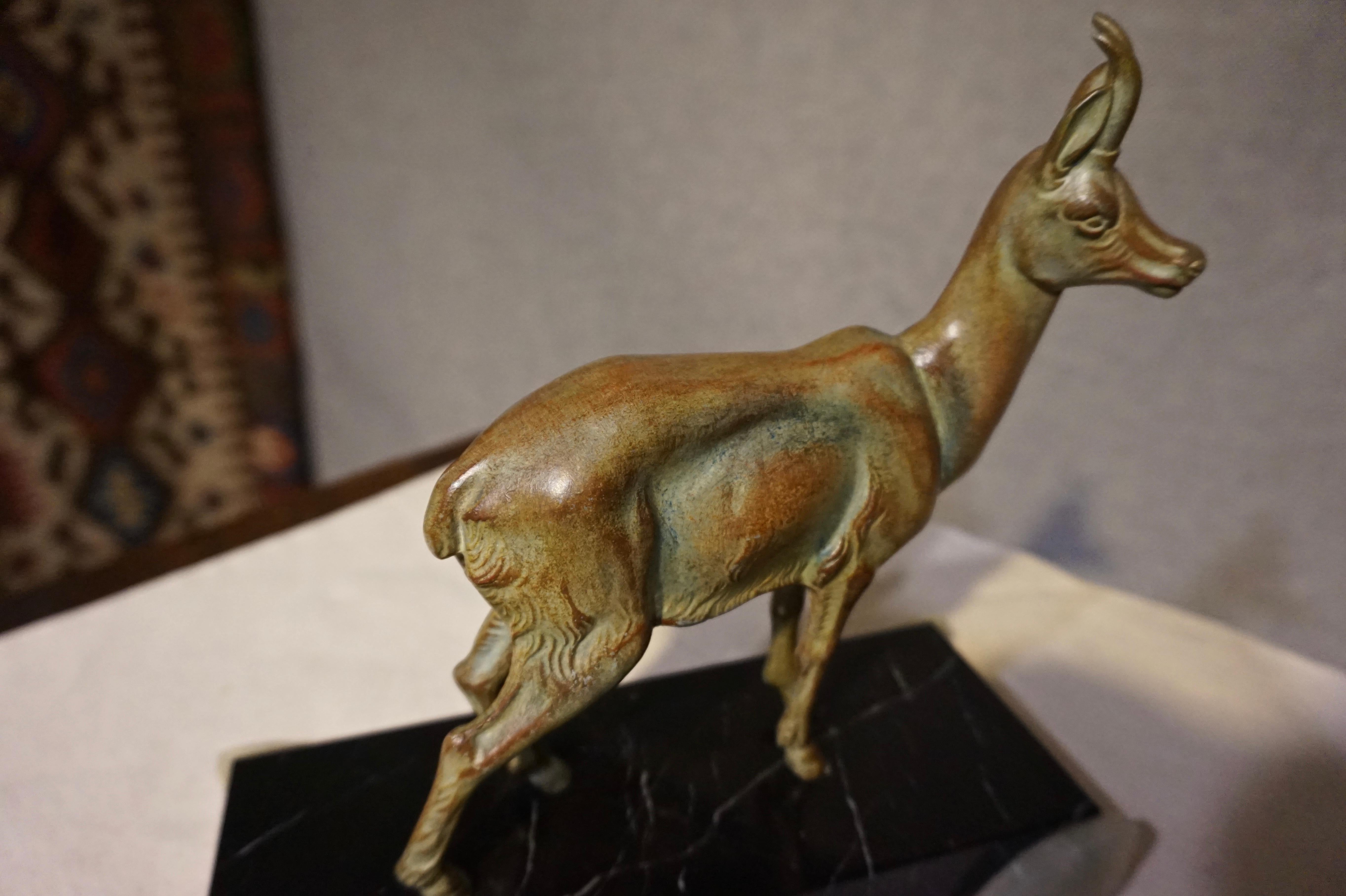 Art Deco Sculpture of Pronghorn Antelope Bronzed Deer Marble Base 1