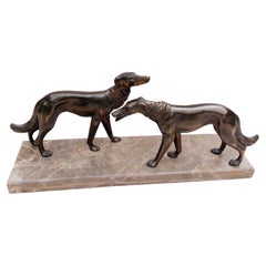 Art Deco sculpture of two dogs in marble and patinated bronze, 1930's
