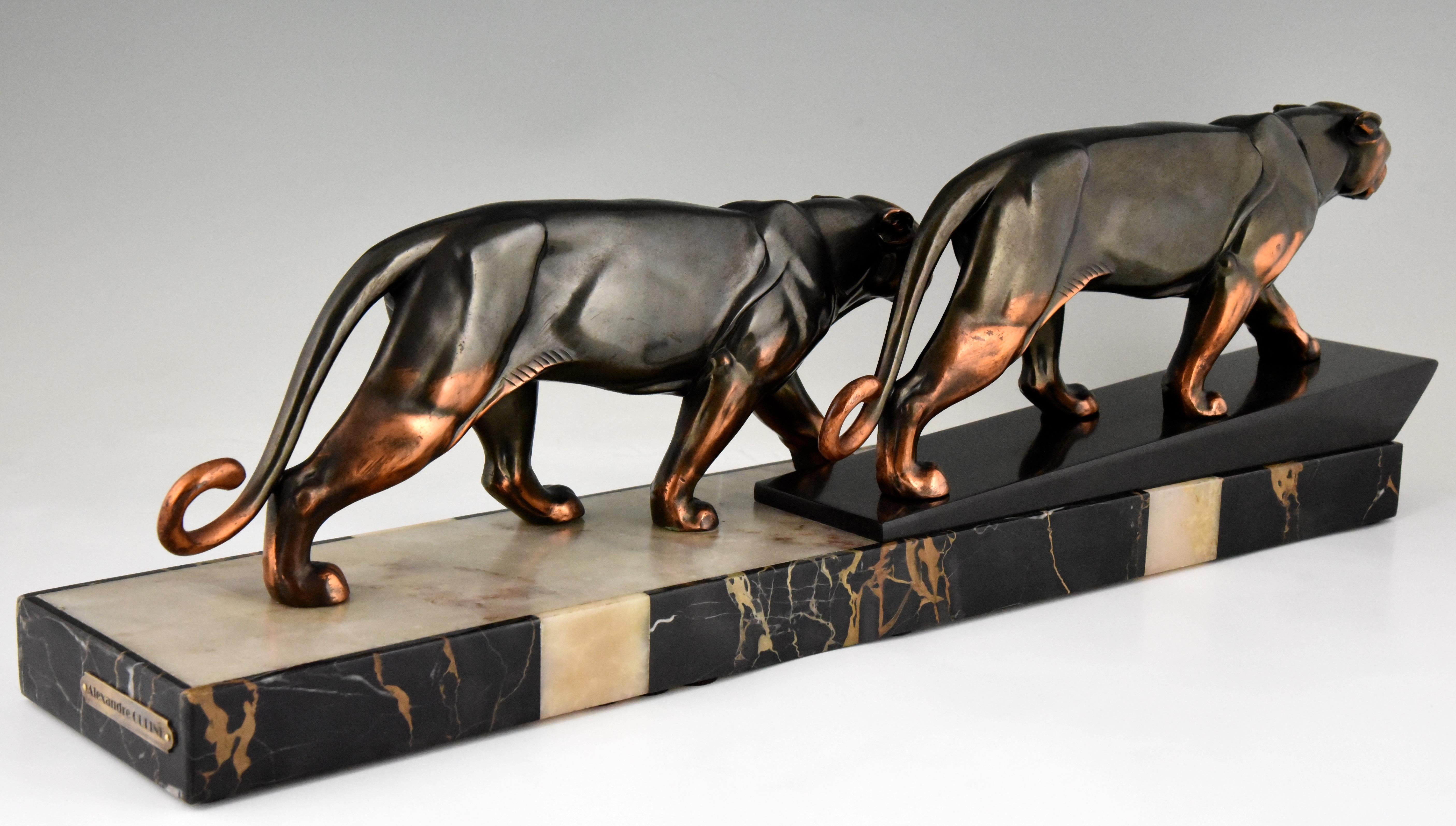 Metal Art Deco Sculpture of Two Panthers Alexandre Ouline, France, 1930