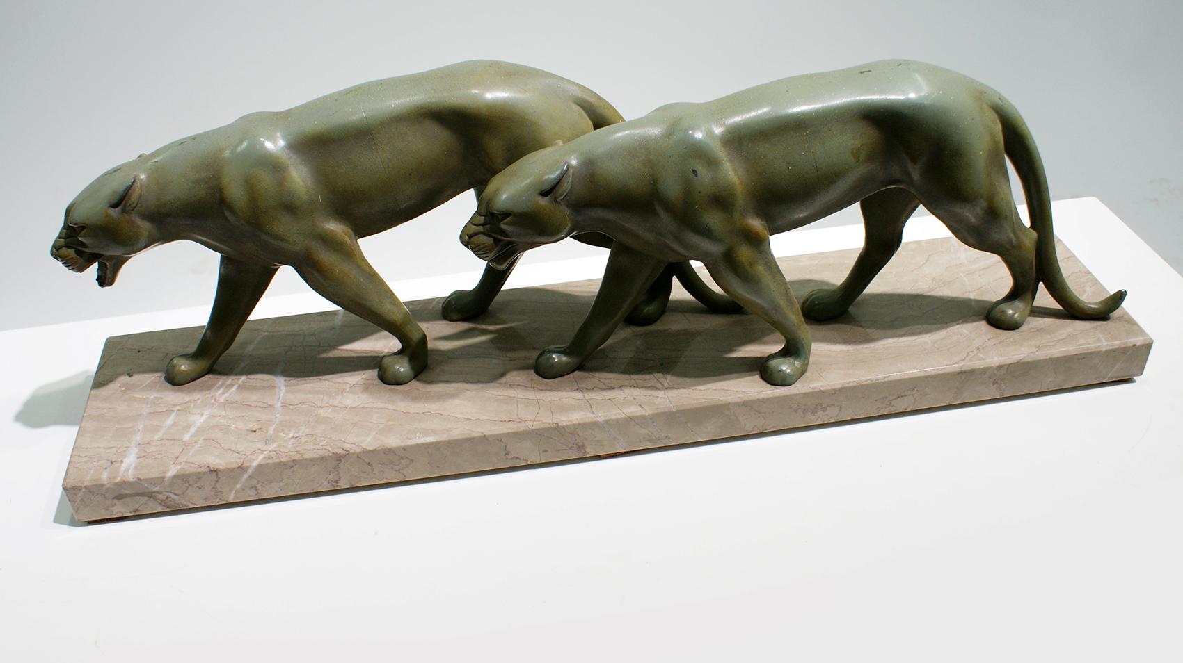 French Art Deco Sculpture of Two Panthers Attributed to Alexandre Ouline