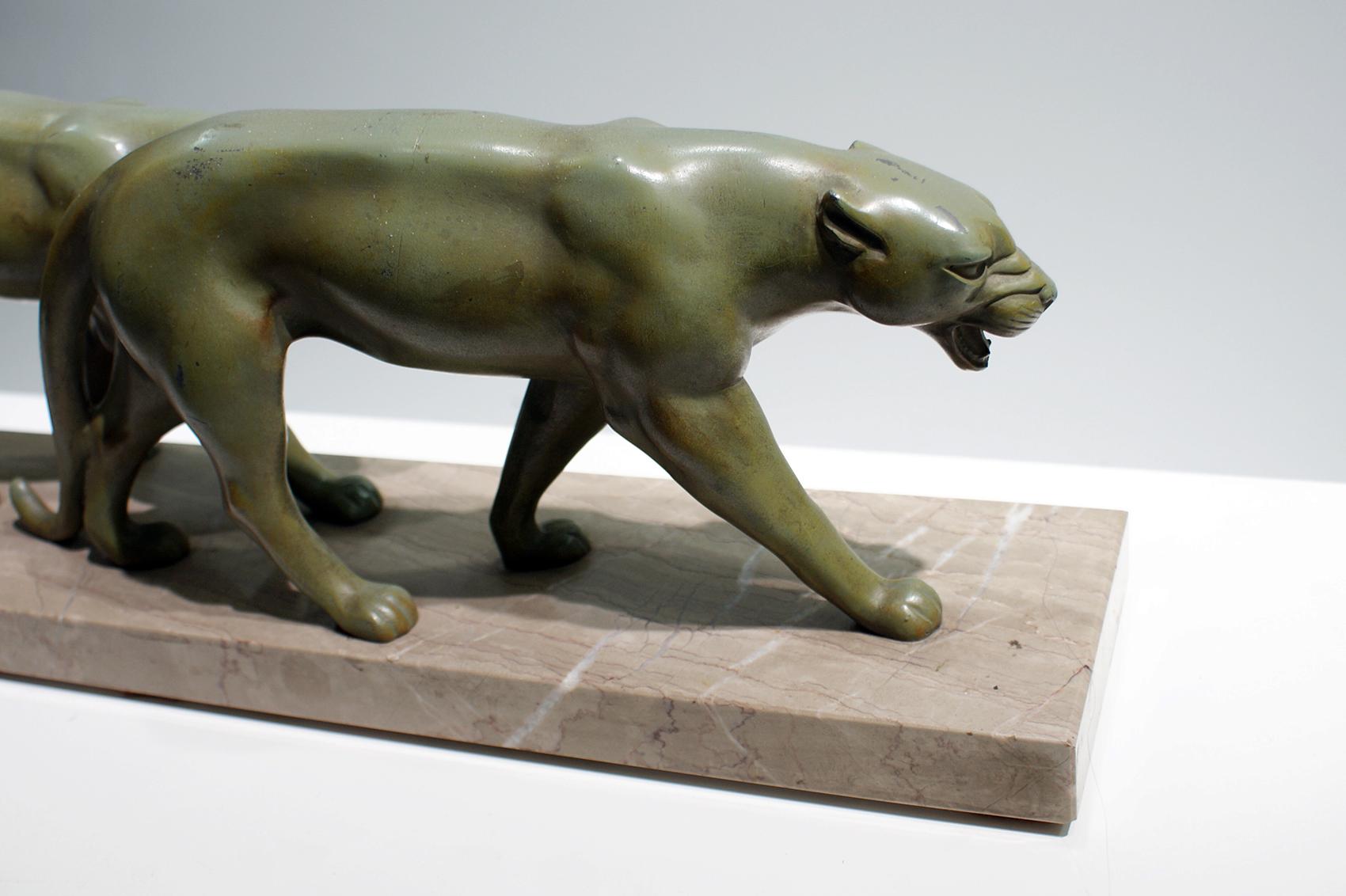 20th Century Art Deco Sculpture of Two Panthers Attributed to Alexandre Ouline