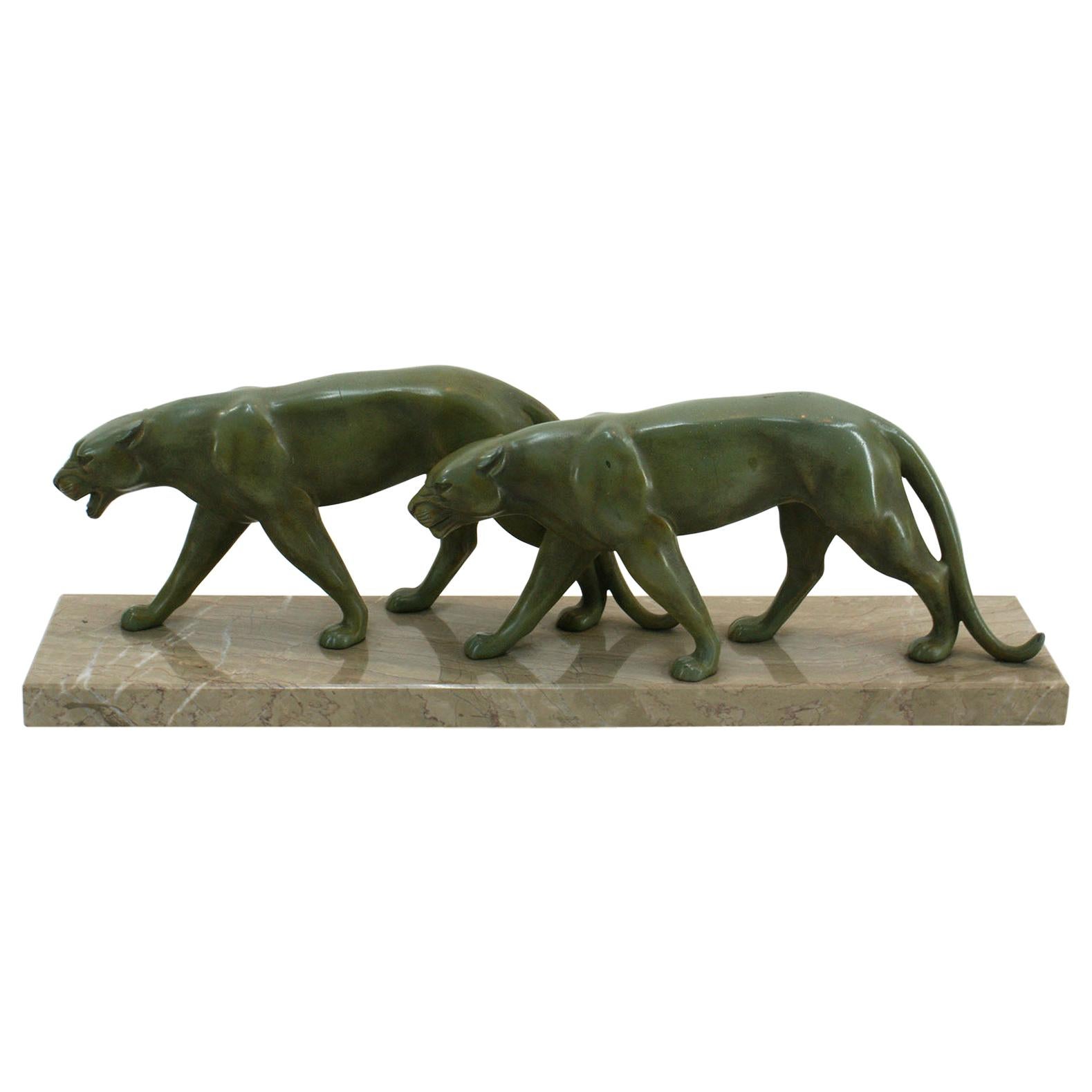 Art Deco Sculpture of Two Panthers Attributed to Alexandre Ouline