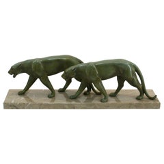Sculpture Art déco de deux panthères attribuée à Alexandre Ouline