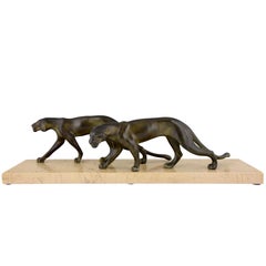 Vintage Art Deco Sculpture of Two Panthers M. Font, France, 1930