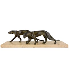 Art Deco Sculpture of Two Panthers M. Font, France, 1930