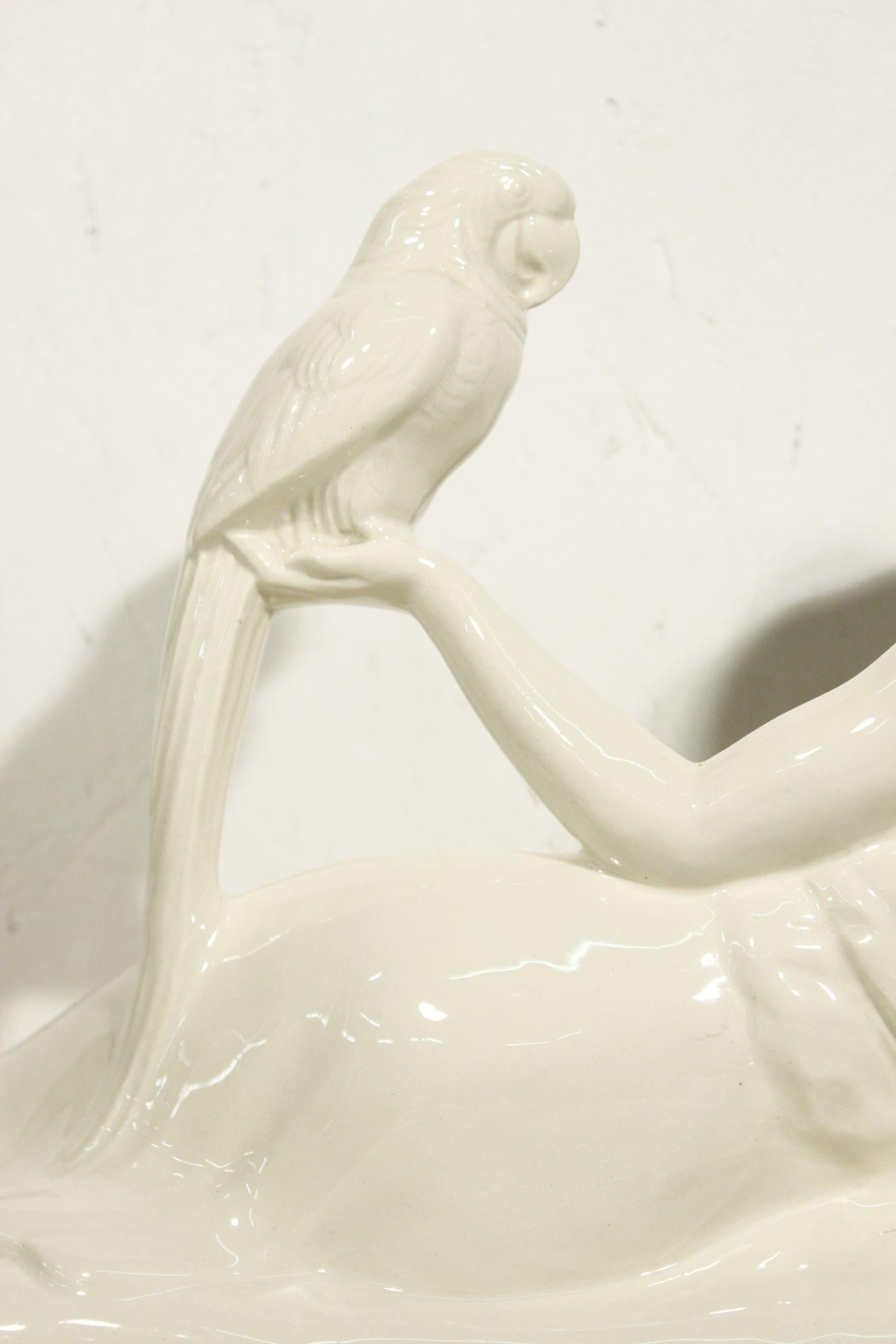 Art-déco sculpture of woman and parrot in earthenware by Sarreguemines 1930s For Sale 5