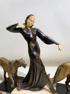 Art Deco Sculpture of Woman Walking Borzois Attributed to Georges Gori