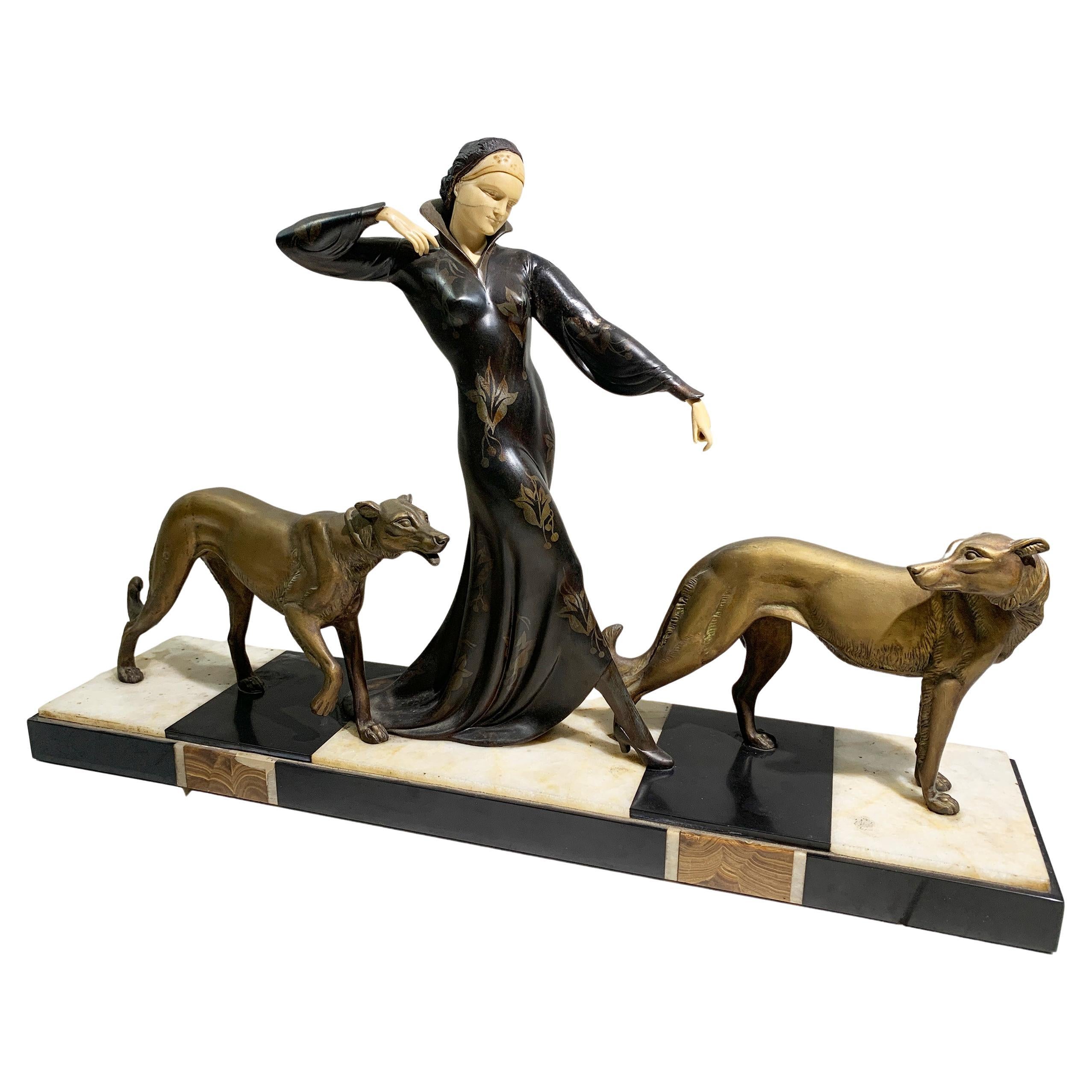 Art Deco Sculpture of Woman Walking Borzois Attributed to Georges Gori