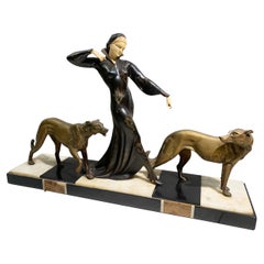 Art Deco Sculpture of Woman Walking Borzois Attributed to Georges Gori