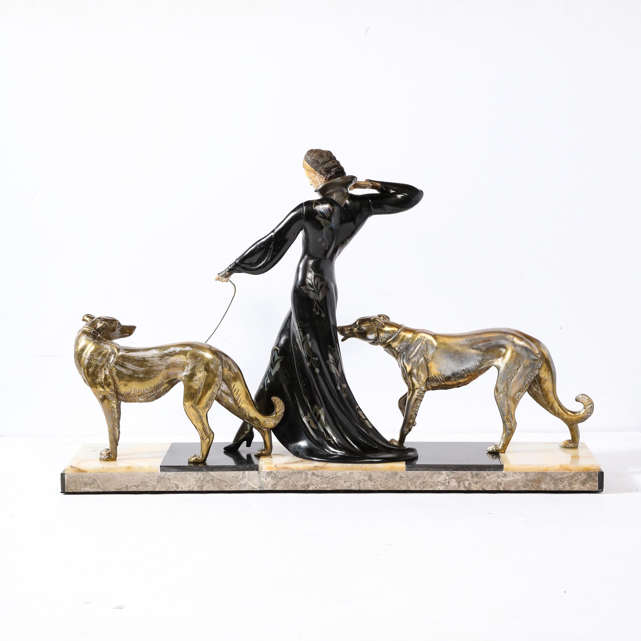 Art Deco Sculpture of Woman Walking Borzois Signed G.Gori for Etling, Paris  For Sale 6
