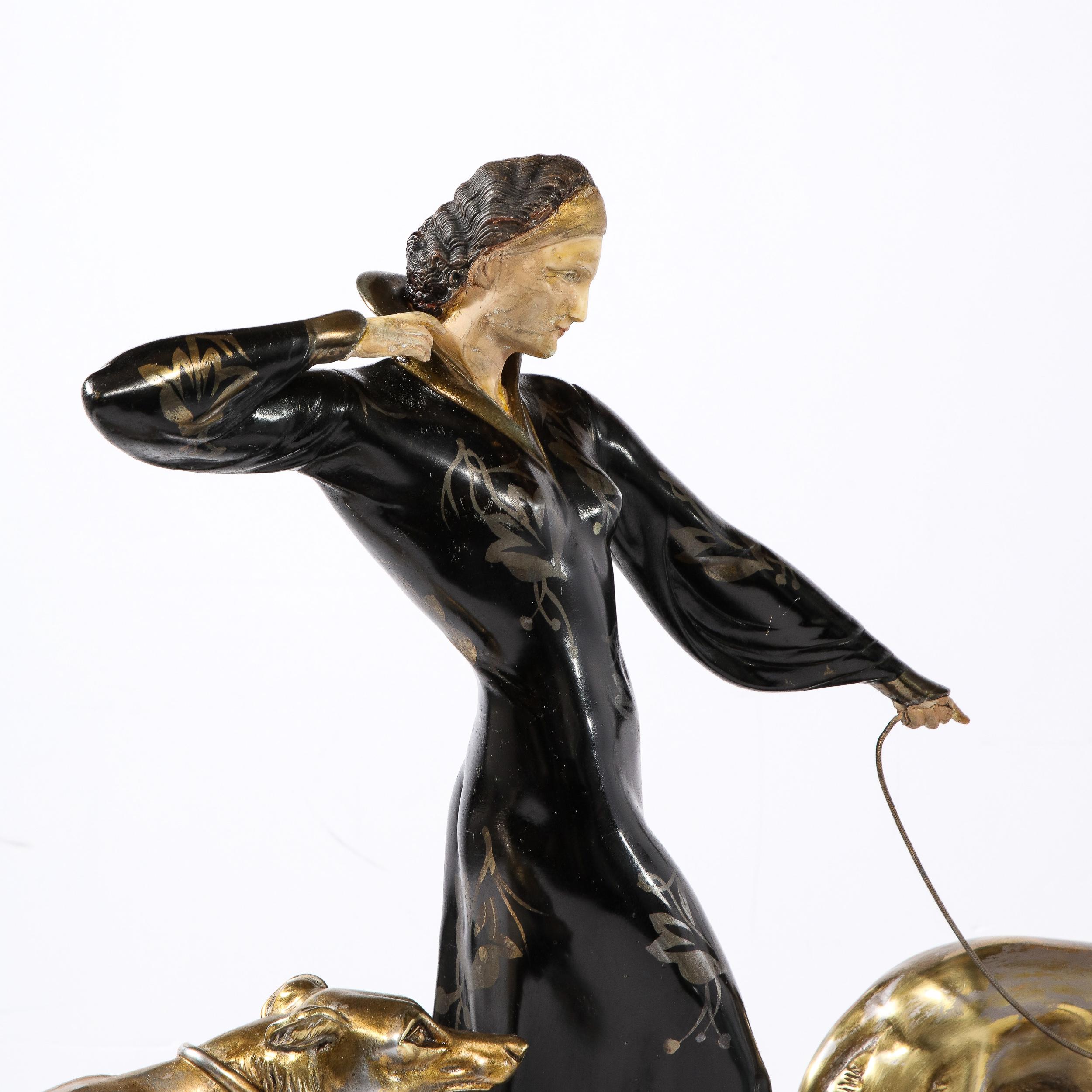 Art Deco Sculpture of Woman Walking Borzois Signed G.Gori for Etling, Paris 10