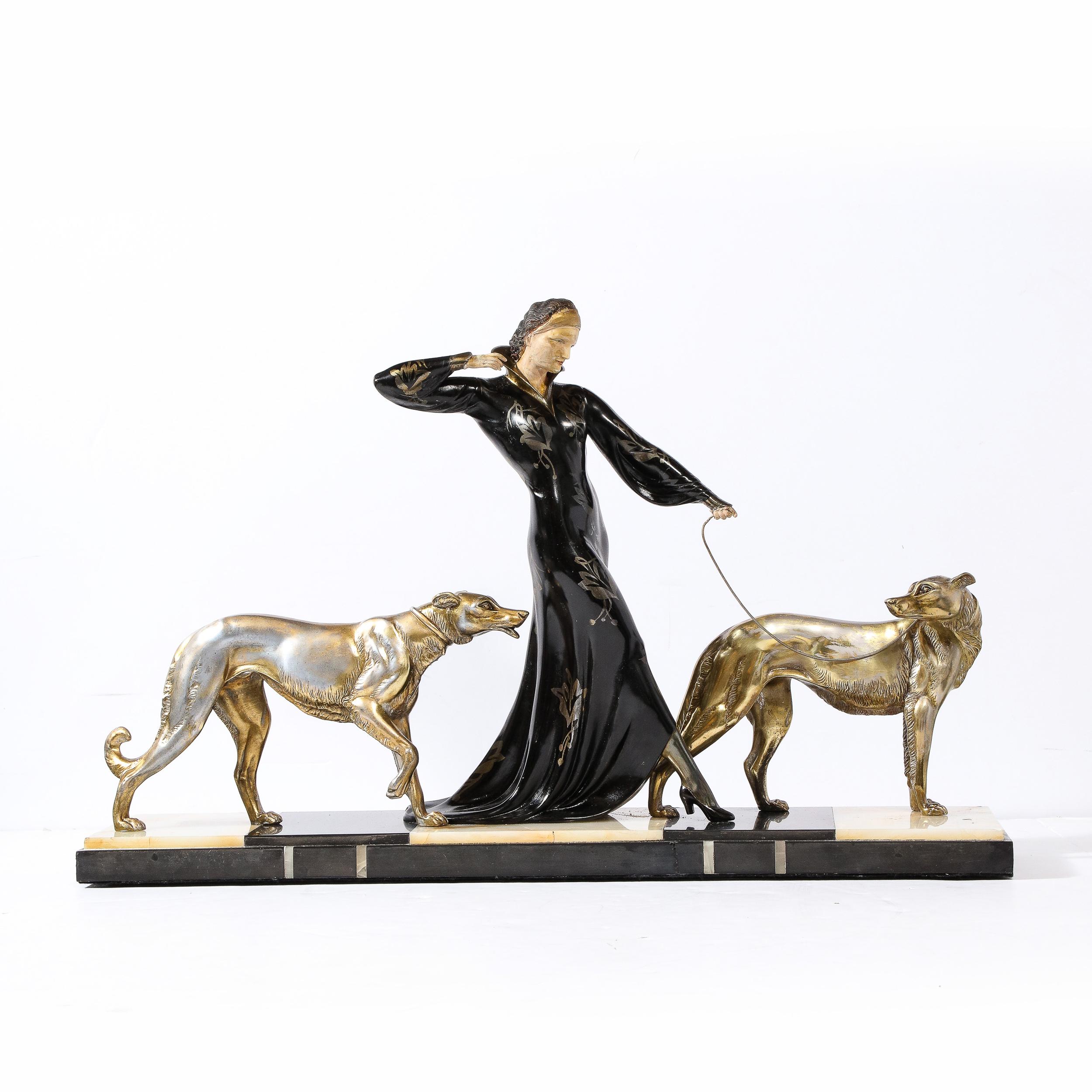 Art Deco Sculpture of Woman Walking Borzois Signed G.Gori for Etling, Paris  For Sale 11