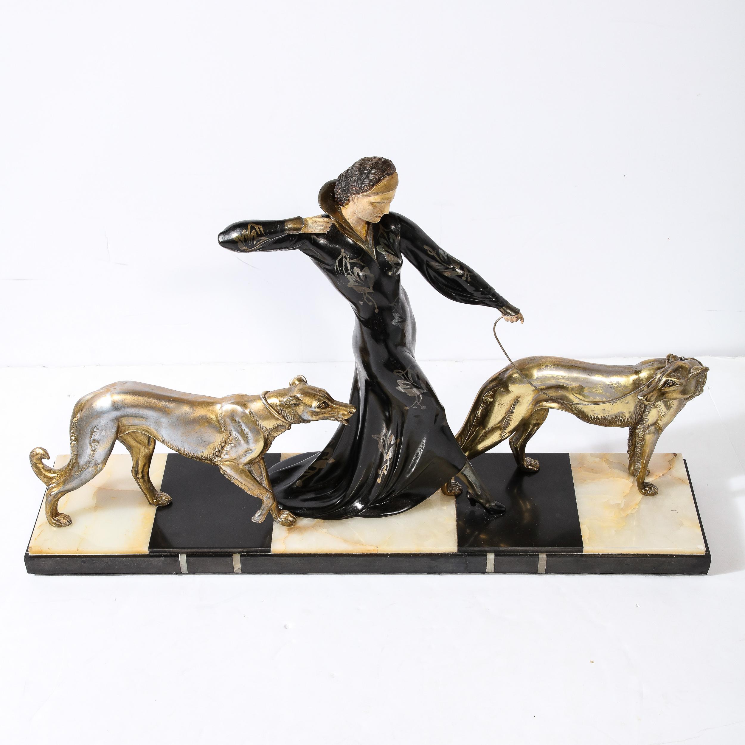 Art Deco Sculpture of Woman Walking Borzois Signed G.Gori for Etling, Paris  For Sale 12