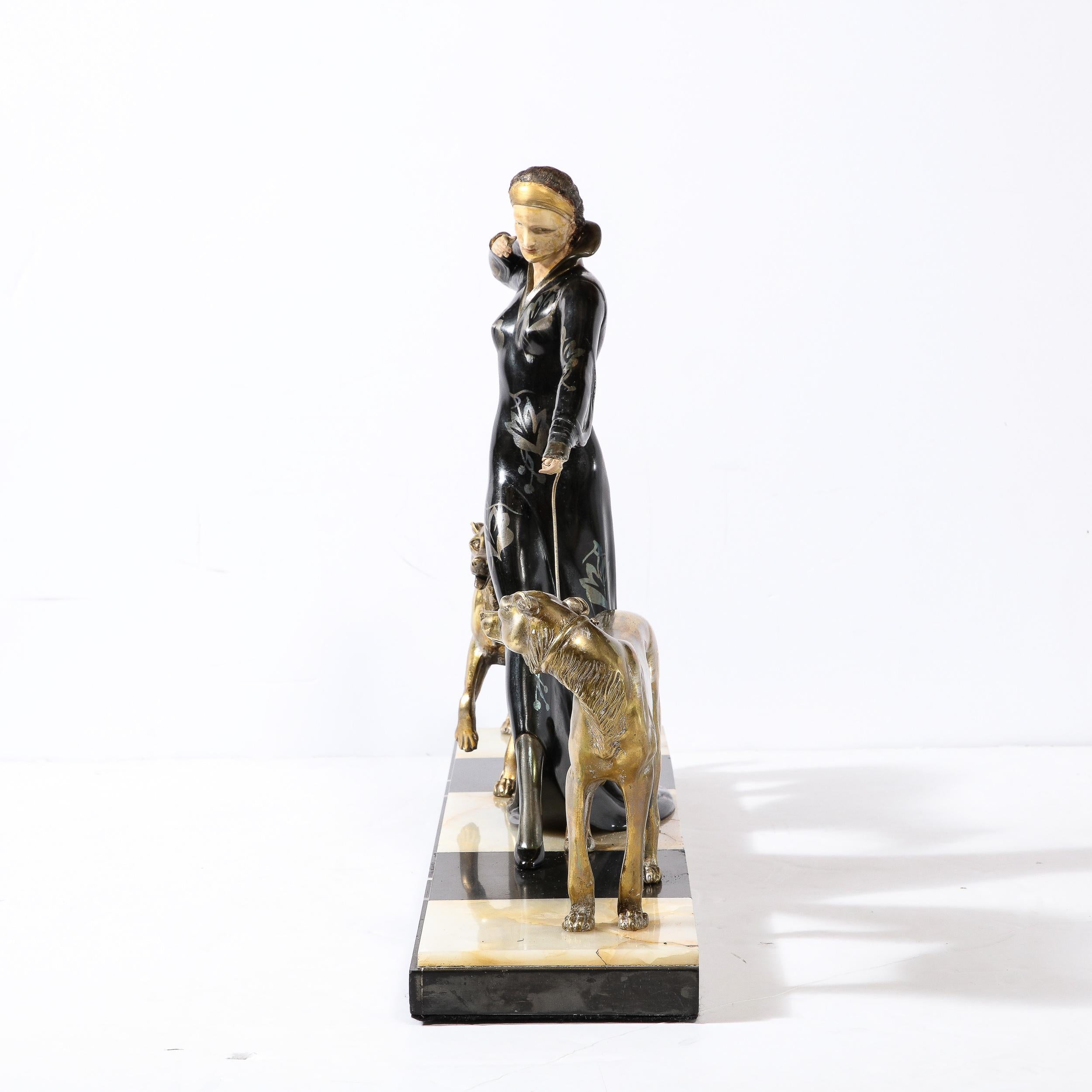 French Art Deco Sculpture of Woman Walking Borzois Signed G.Gori for Etling, Paris  For Sale