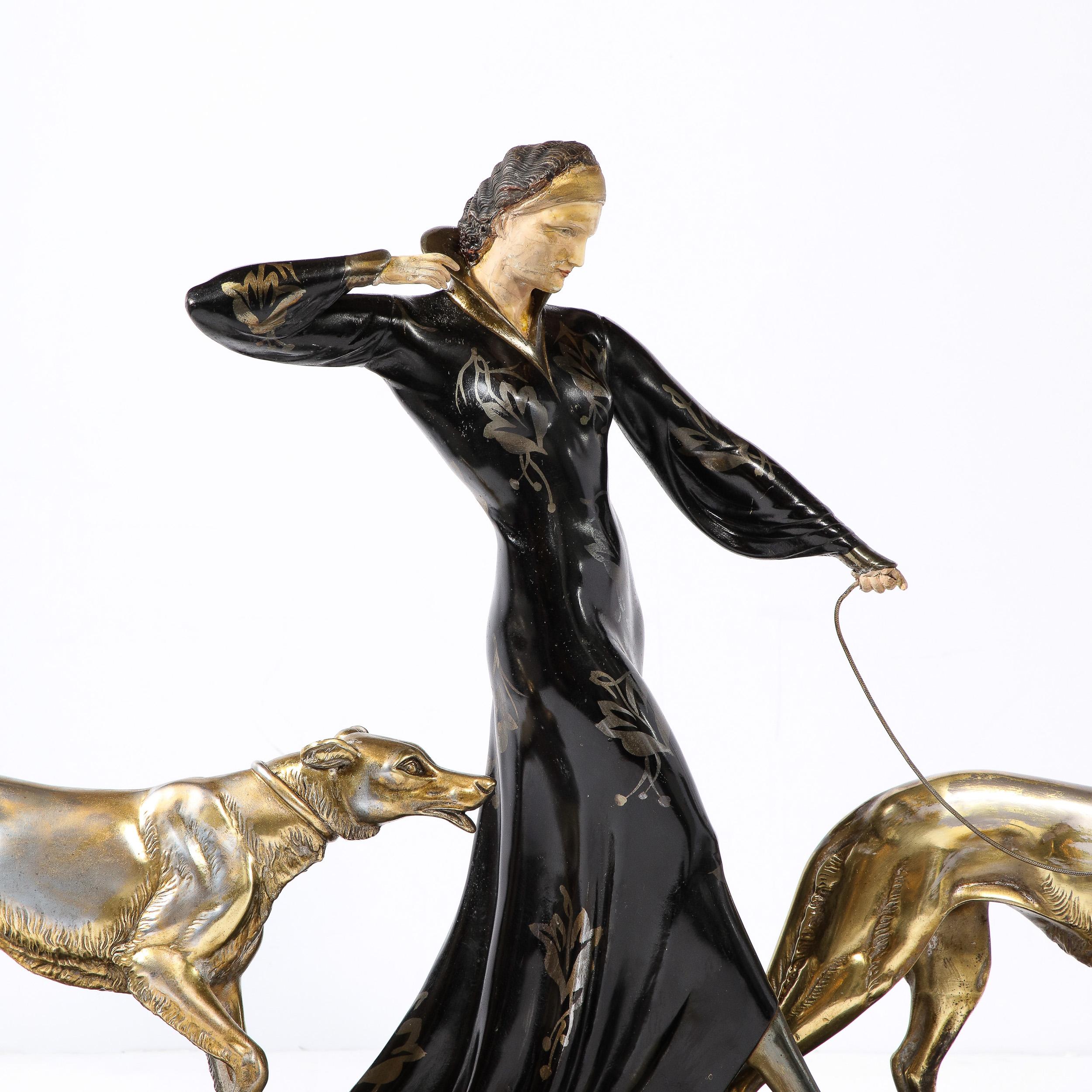 Gilt Art Deco Sculpture of Woman Walking Borzois Signed G.Gori for Etling, Paris  For Sale