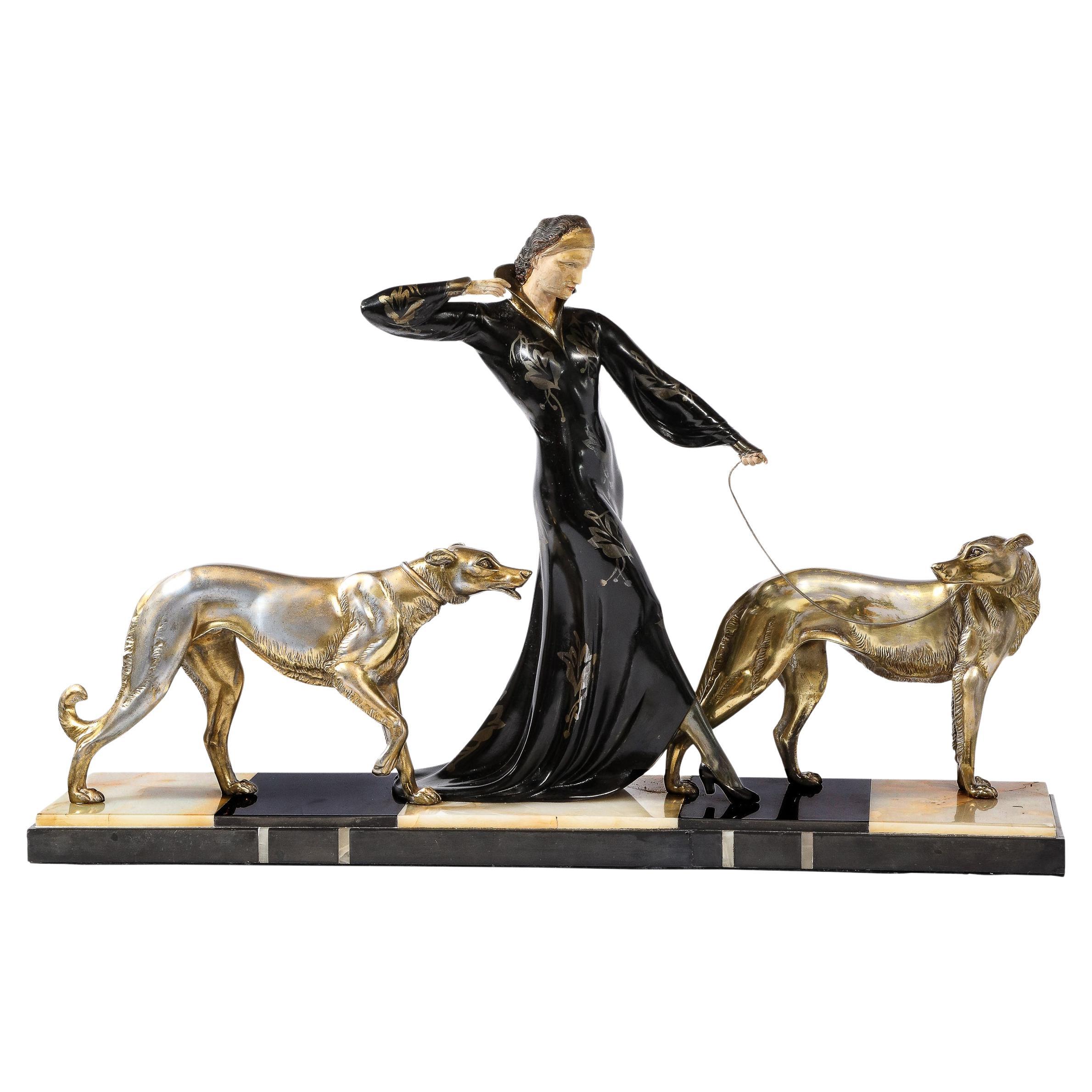 Art Deco Sculpture of Woman Walking Borzois Signed G.Gori for Etling, Paris  For Sale