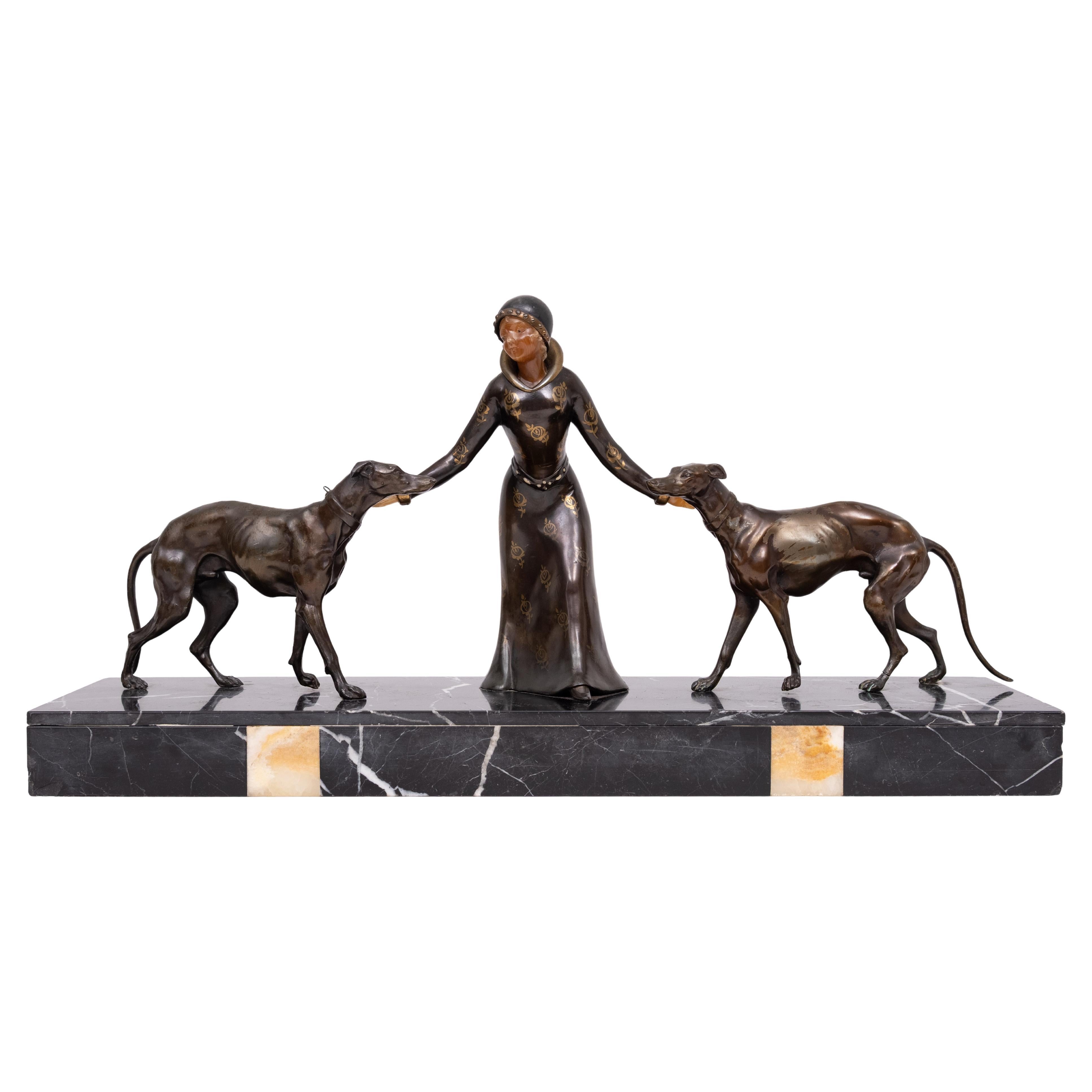 Art Deco Sculpture of Woman with Borzois 1920/30s France