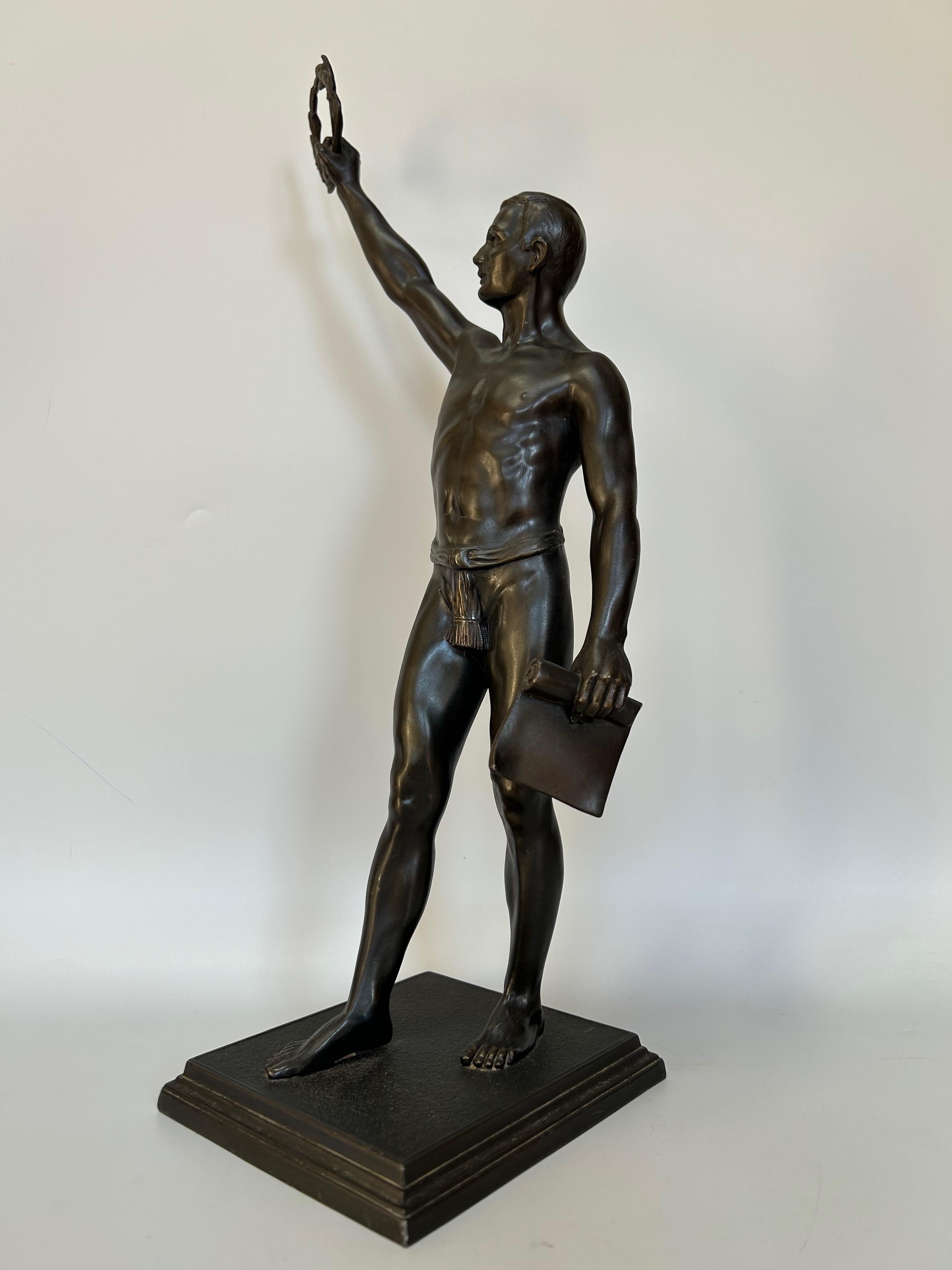 Art deco sculpture circa 1920 in spelter.
The Olympic Salute probably published in 1924 for the Olympic Games.
Very beautiful bronze patina and good quality of execution.

Length: 14,5 cm
Width: 13 cm
Height: 44,5 cm
Weight: 3 KG