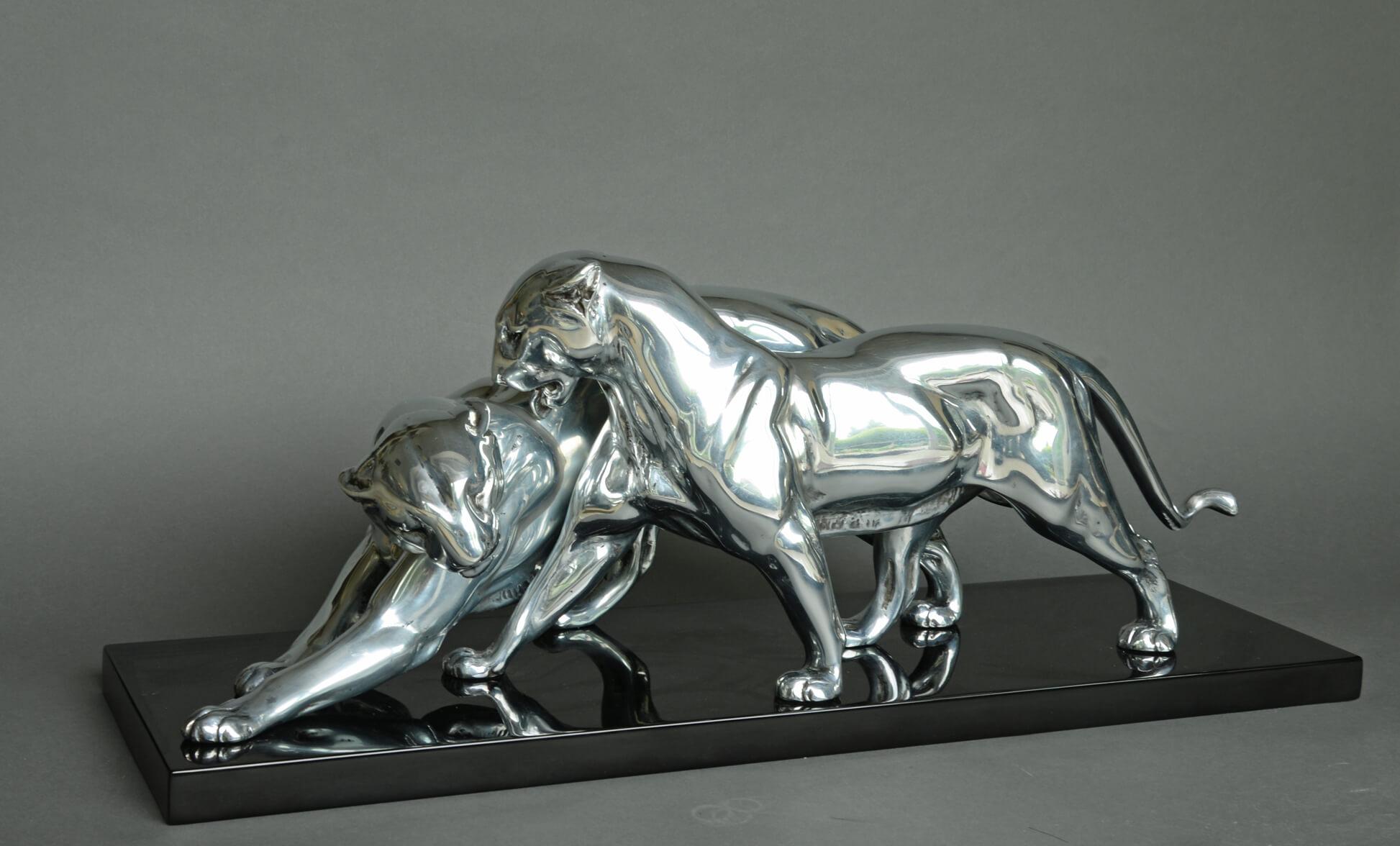 French Art Deco Sculpture Pair of Panthers Signed Plagnet, Cast Zinc, France circa 1930