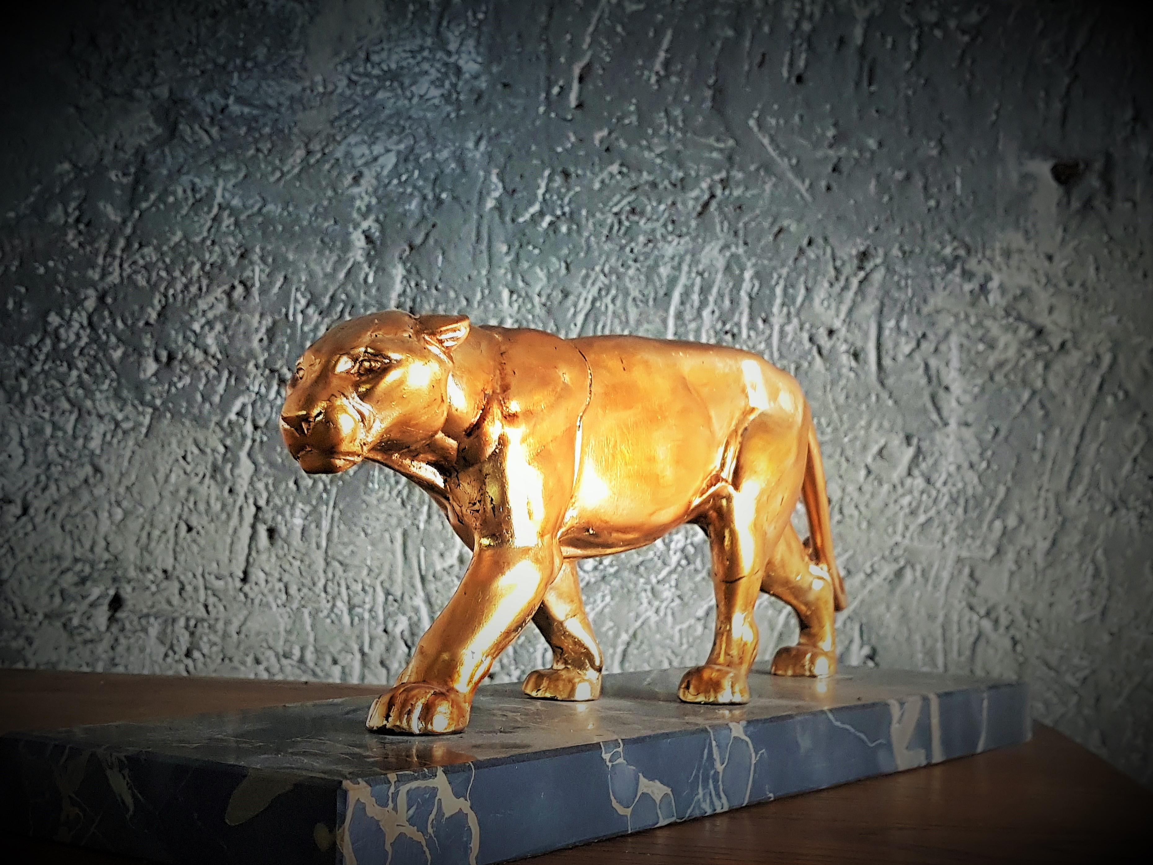 Mid-20th Century Art Deco Sculpture Panther on Marble Base, France, 1935