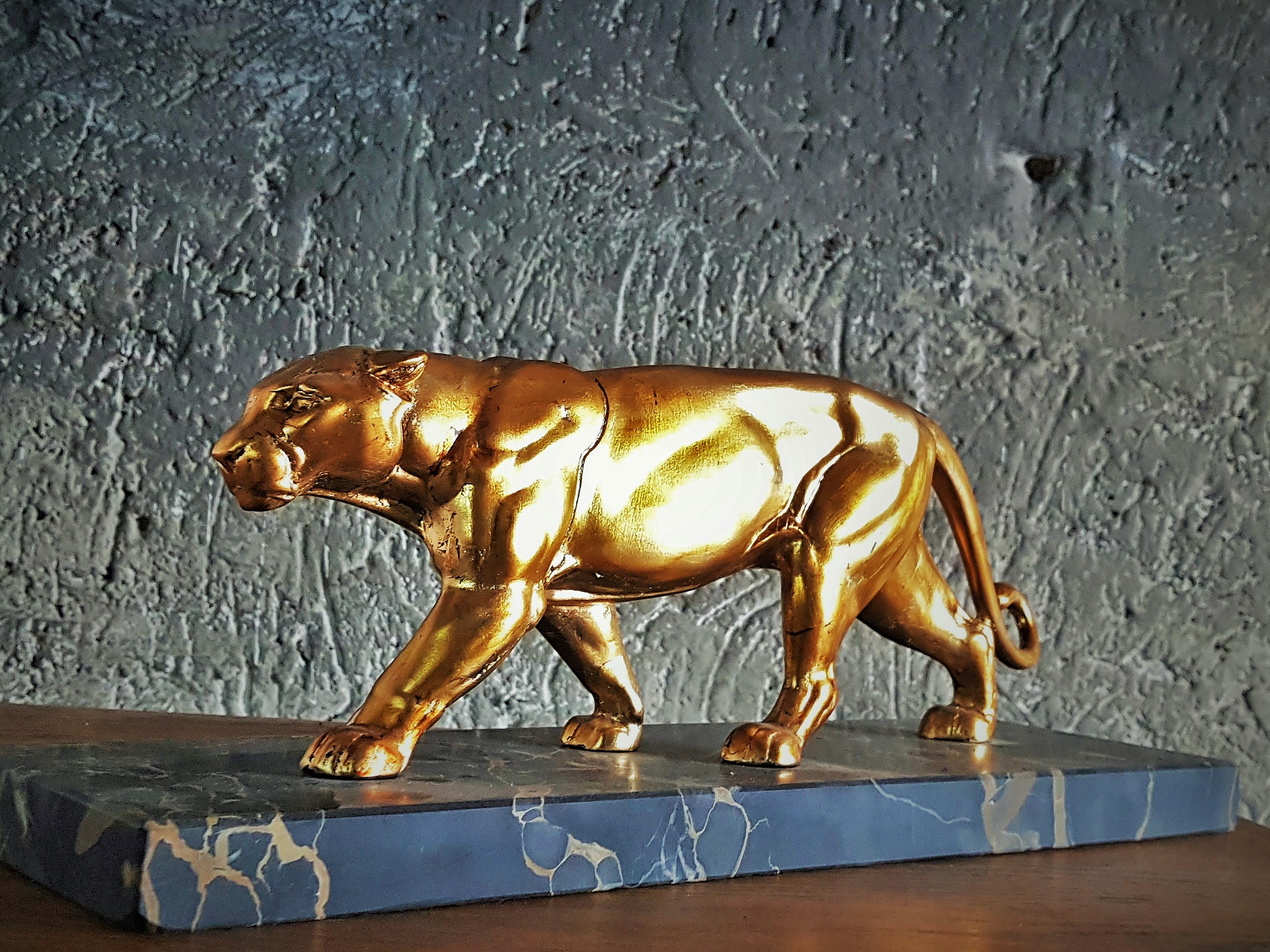 Metal Art Deco Sculpture Panther on Marble Base, France, 1935