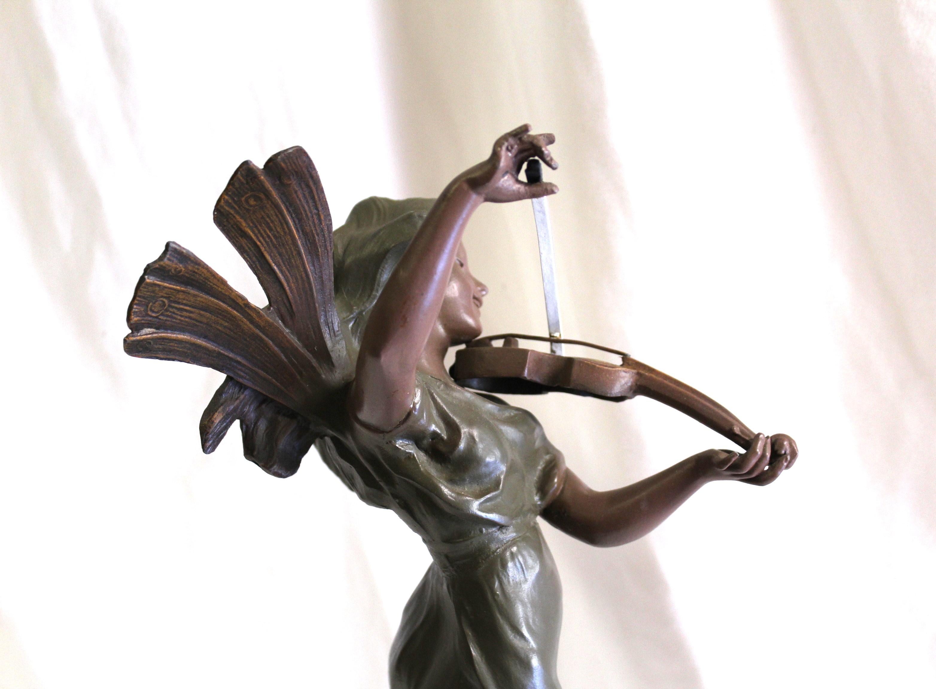 French Art Deco Sculpture , Pixy w Violin ,  Antique   For Sale