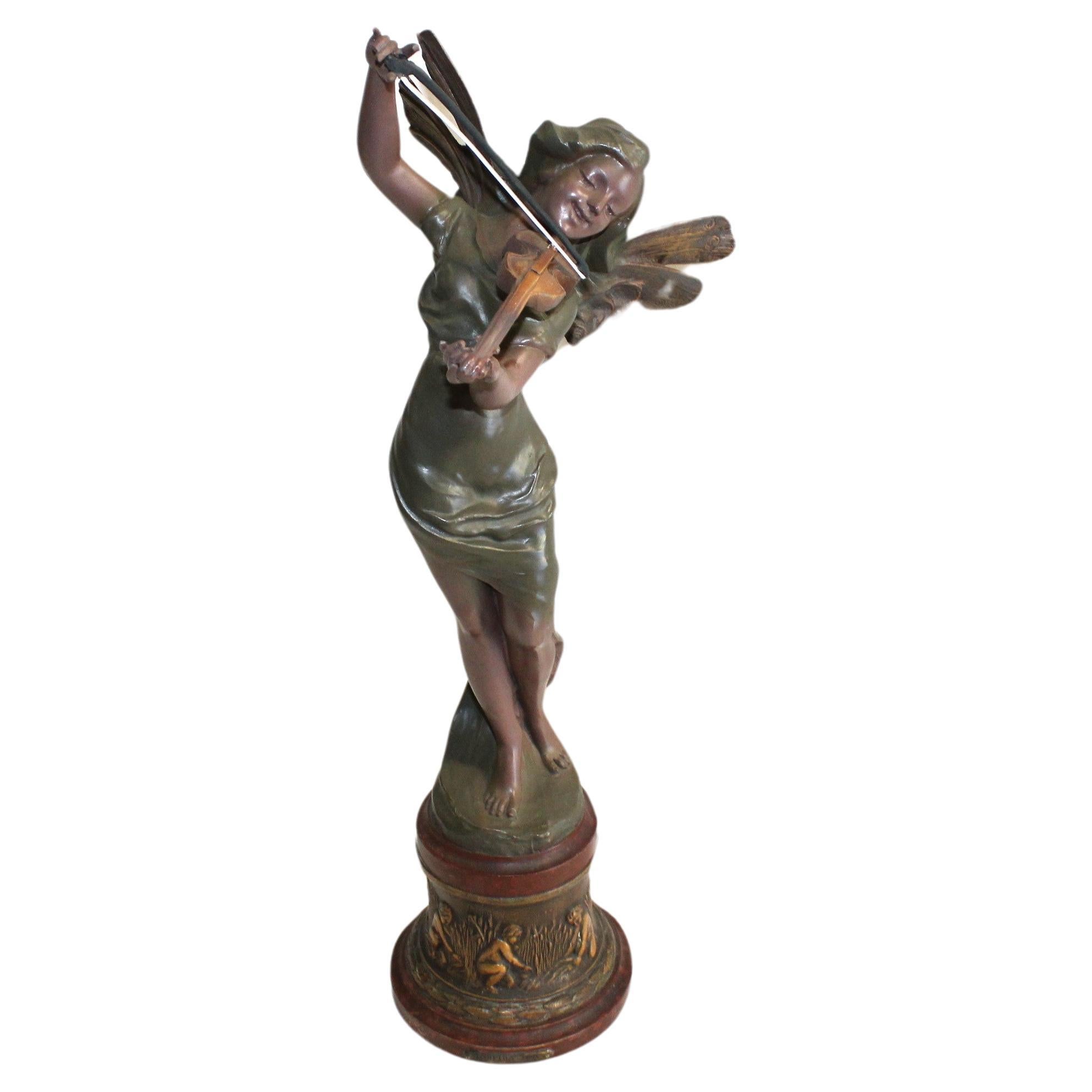 Art-Déco-Skulptur , Pixy mit Violine,  Antike   im Angebot