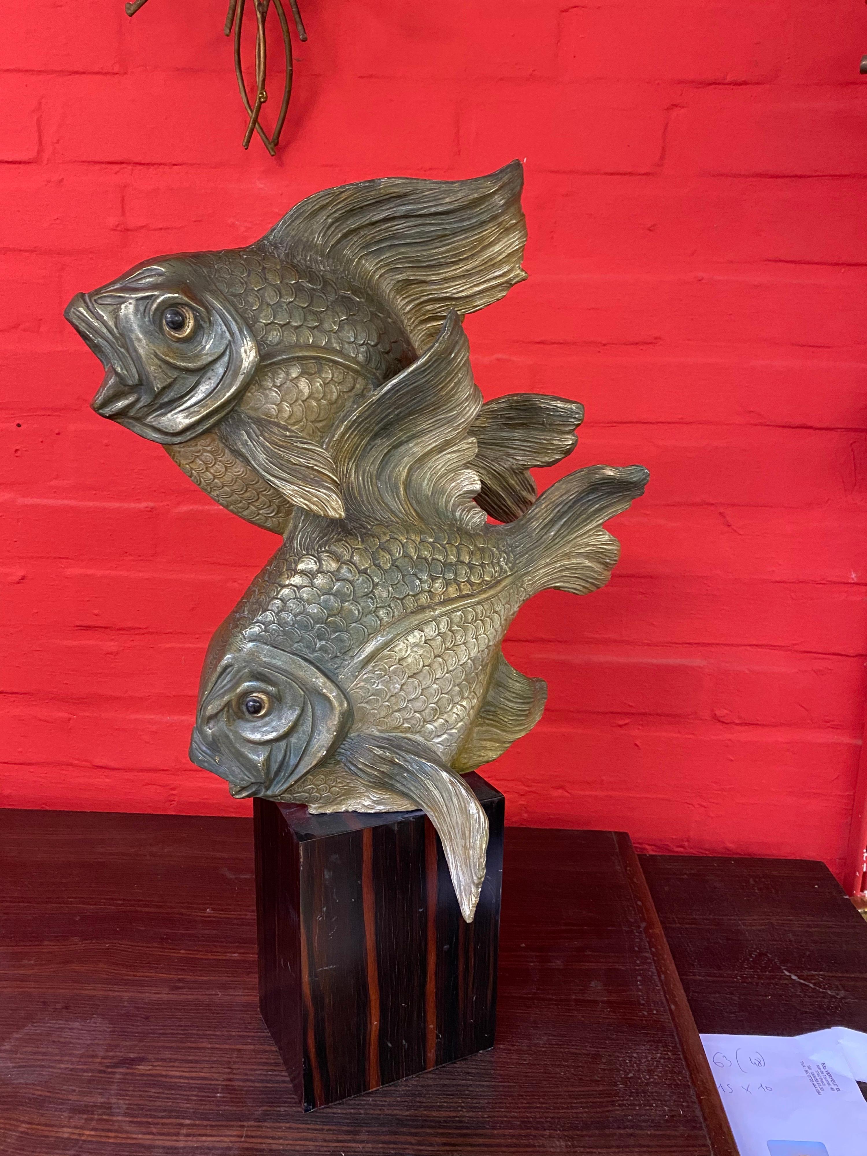Art Deco Sculpture, Representing 2 Terracotta Fish on a Macassar Base circa 1930 For Sale 9