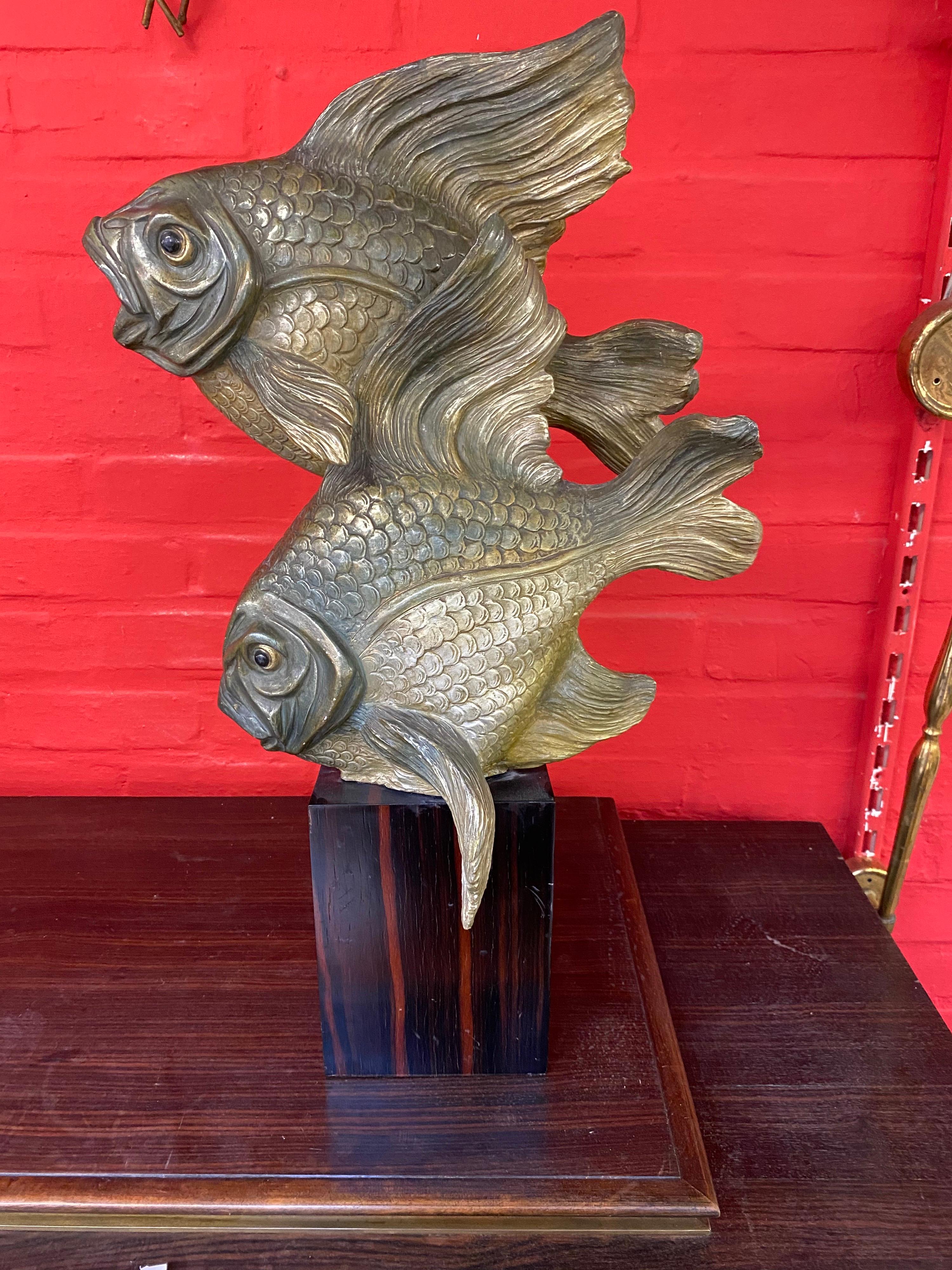 Art Deco Sculpture, Representing 2 Terracotta Fish on a Macassar Base circa 1930 For Sale 11