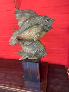 Art Deco Sculpture, Representing 2 Terracotta Fish on a Macassar Base circa 1930