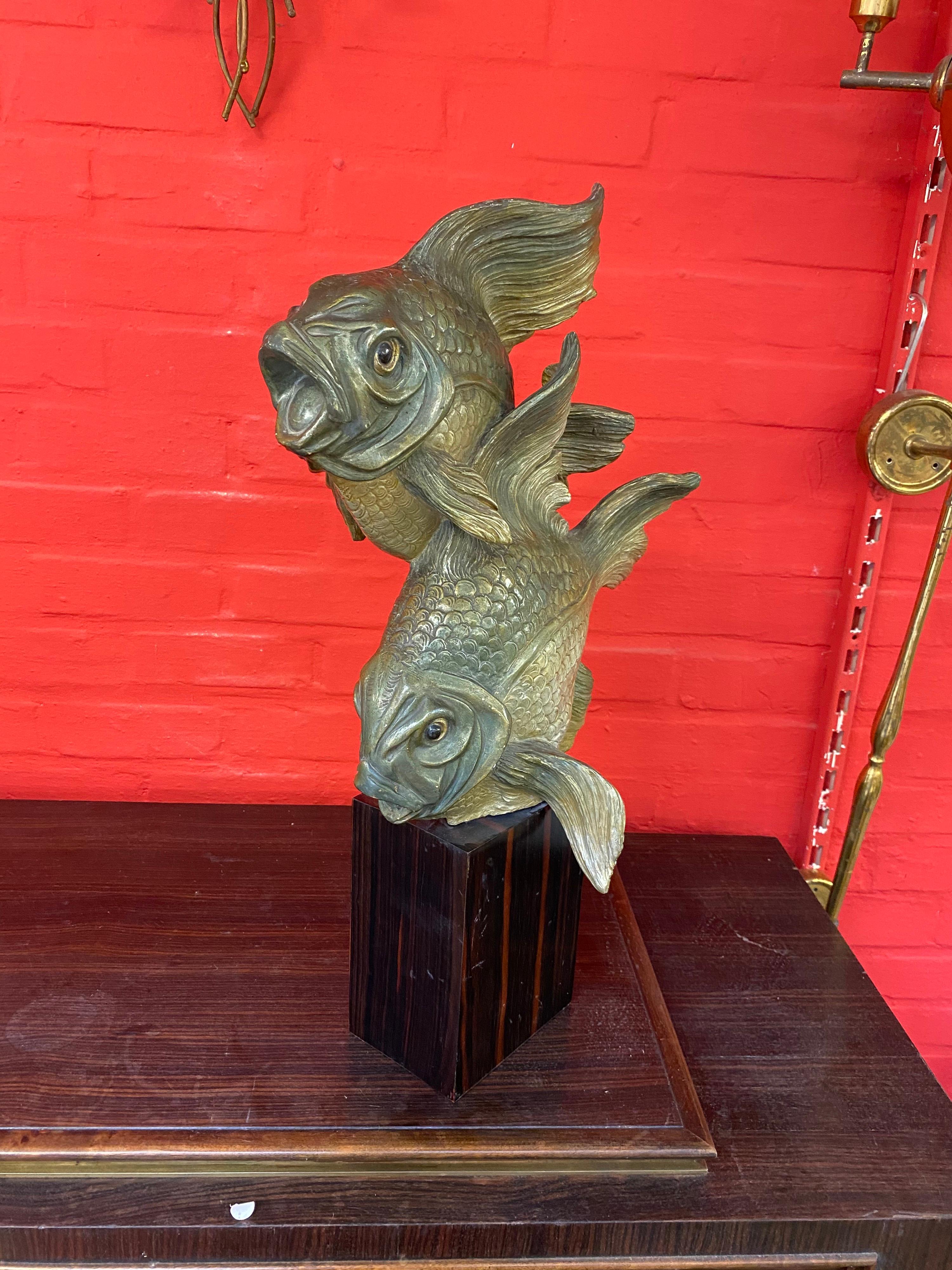 European Art Deco Sculpture, Representing 2 Terracotta Fish on a Macassar Base circa 1930 For Sale