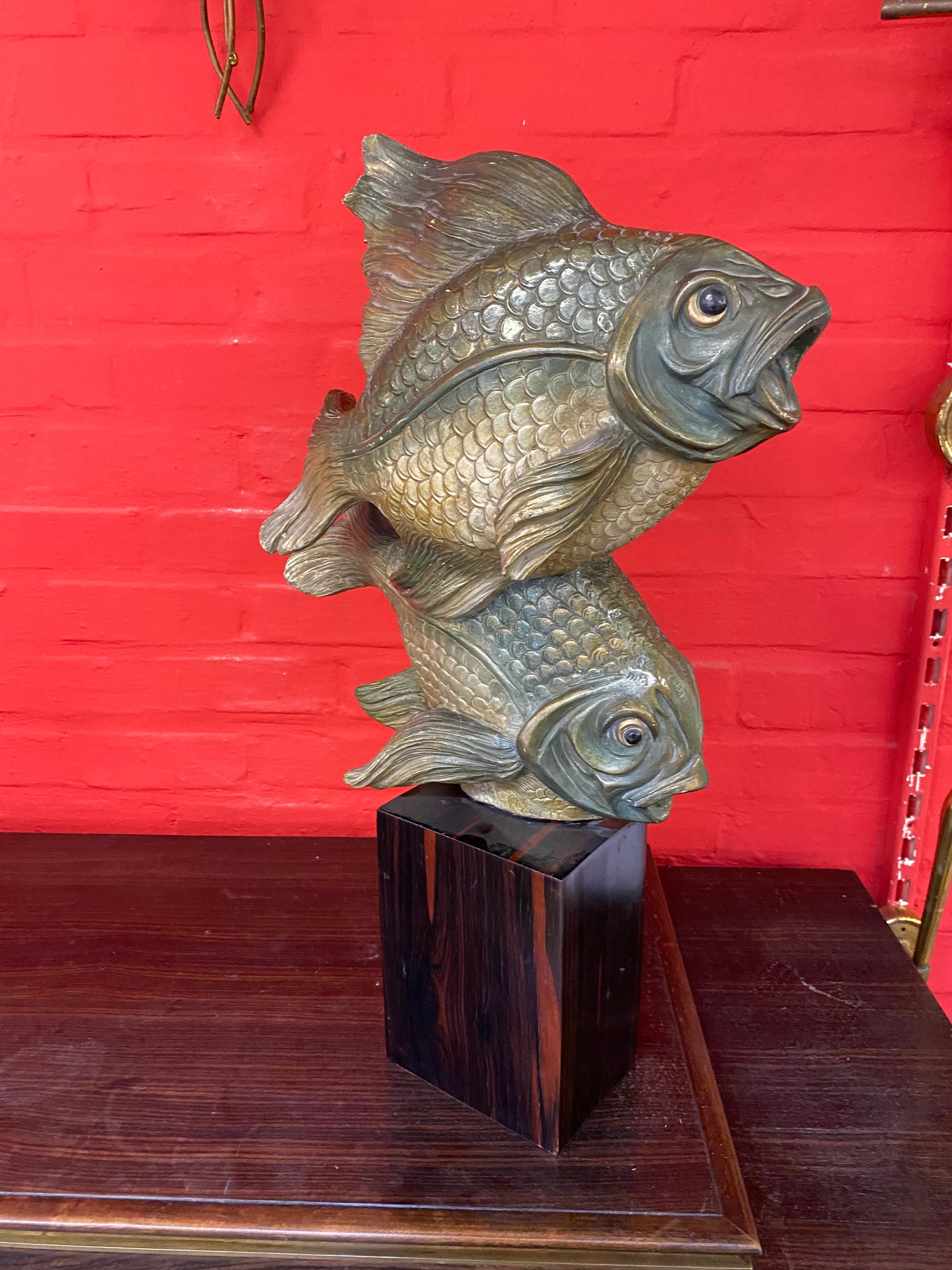 Art Deco Sculpture, Representing 2 Terracotta Fish on a Macassar Base circa 1930 In Good Condition For Sale In Saint-Ouen, FR
