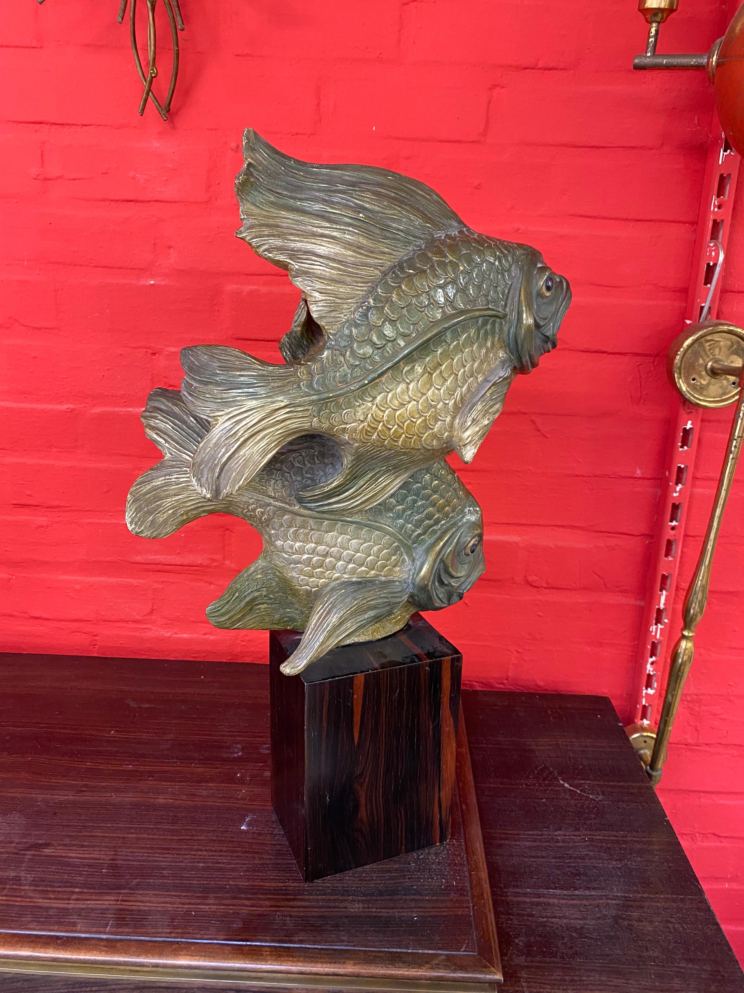 Mid-20th Century Art Deco Sculpture, Representing 2 Terracotta Fish on a Macassar Base circa 1930 For Sale