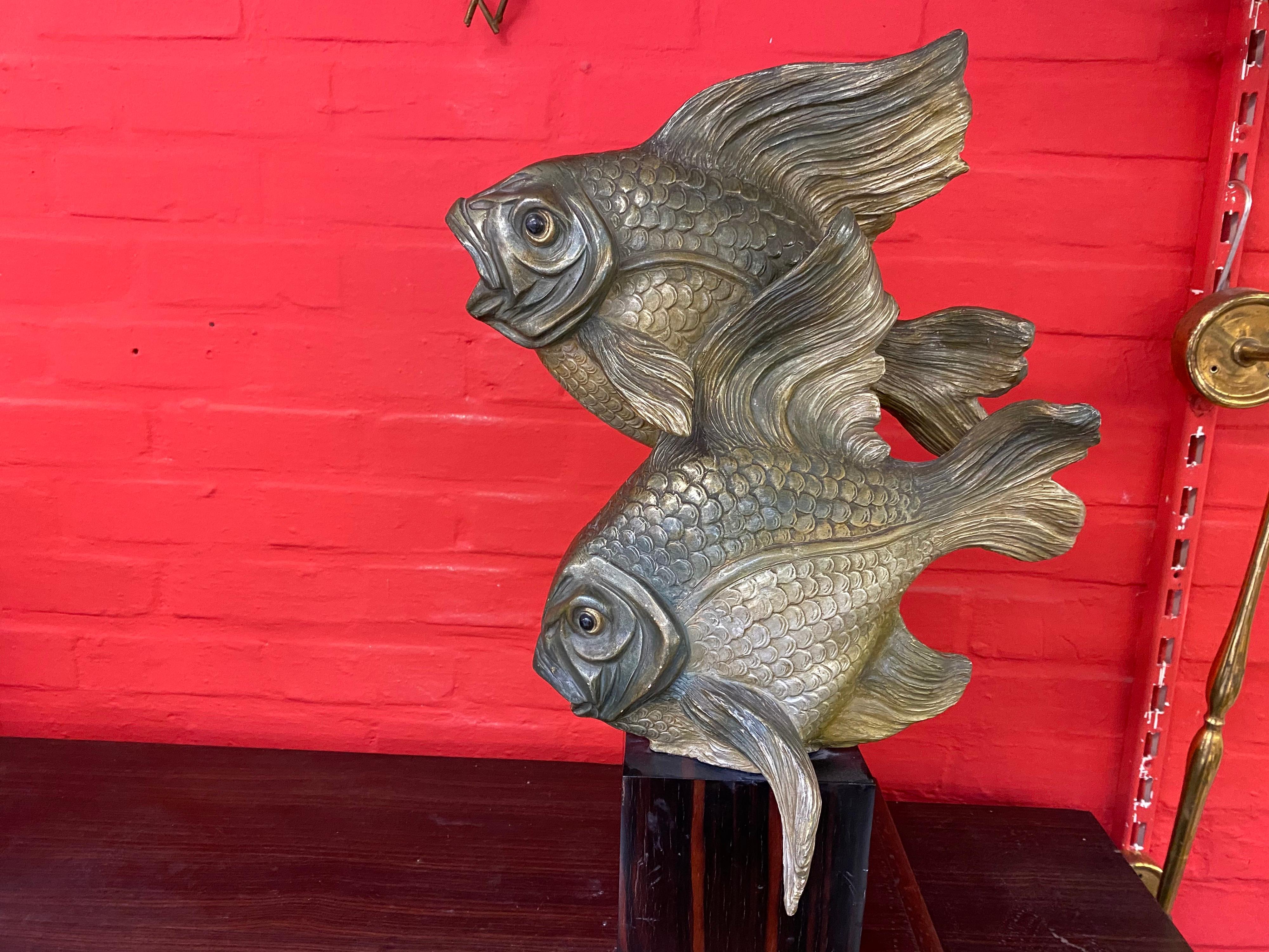 Art Deco Sculpture, Representing 2 Terracotta Fish on a Macassar Base circa 1930 For Sale 2