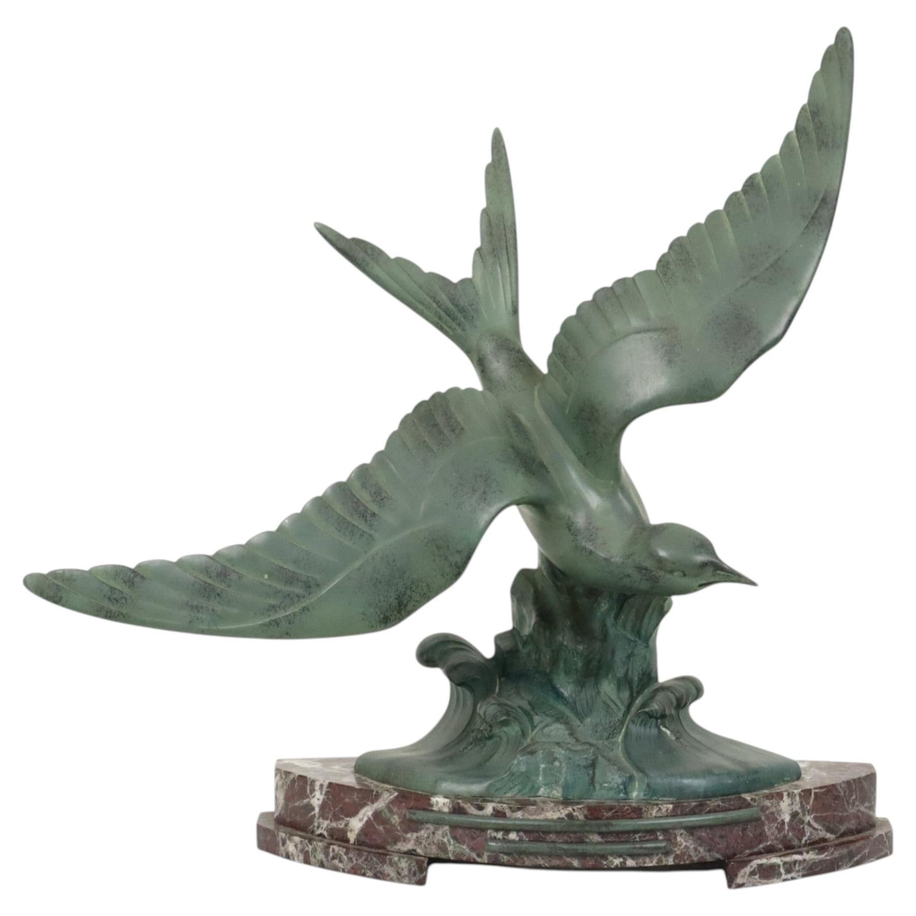 Art Deco Sculpture Seagull on Marble Base Bronze Patina 51cm